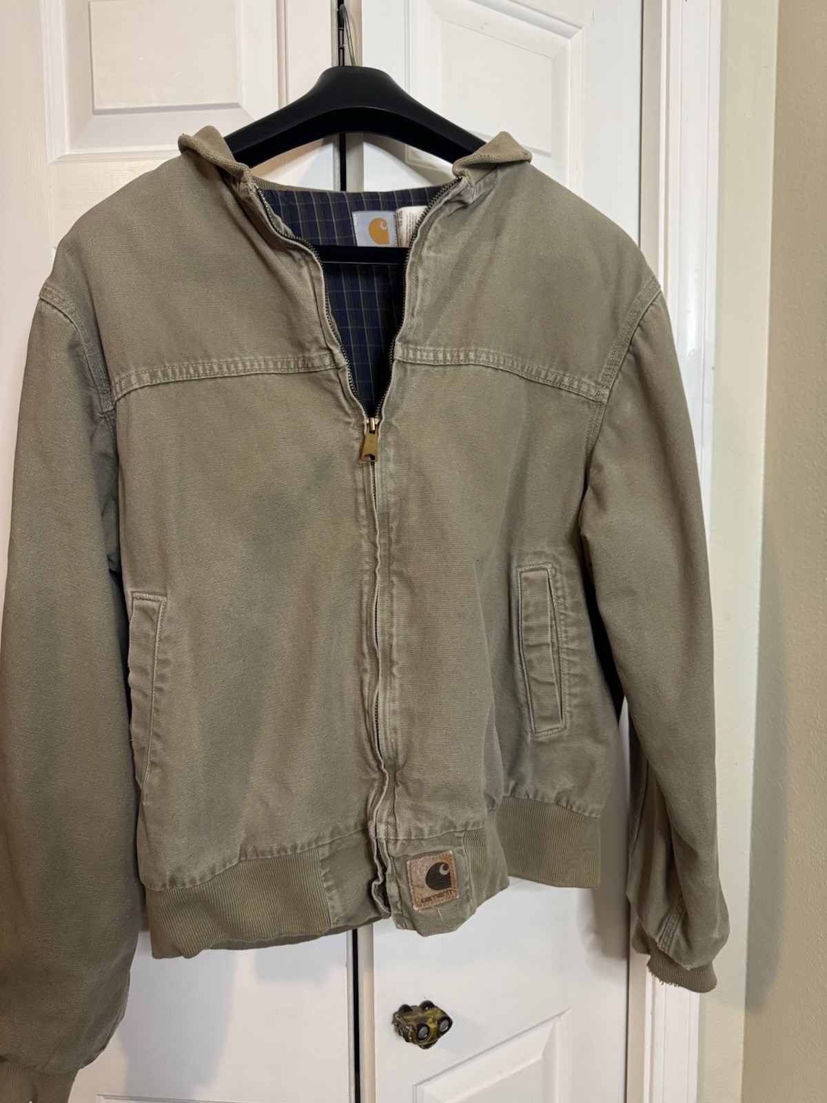 Vintage 90s Carhartt Plainsman Duck Canvas Bomber Jacket Taupe Size L