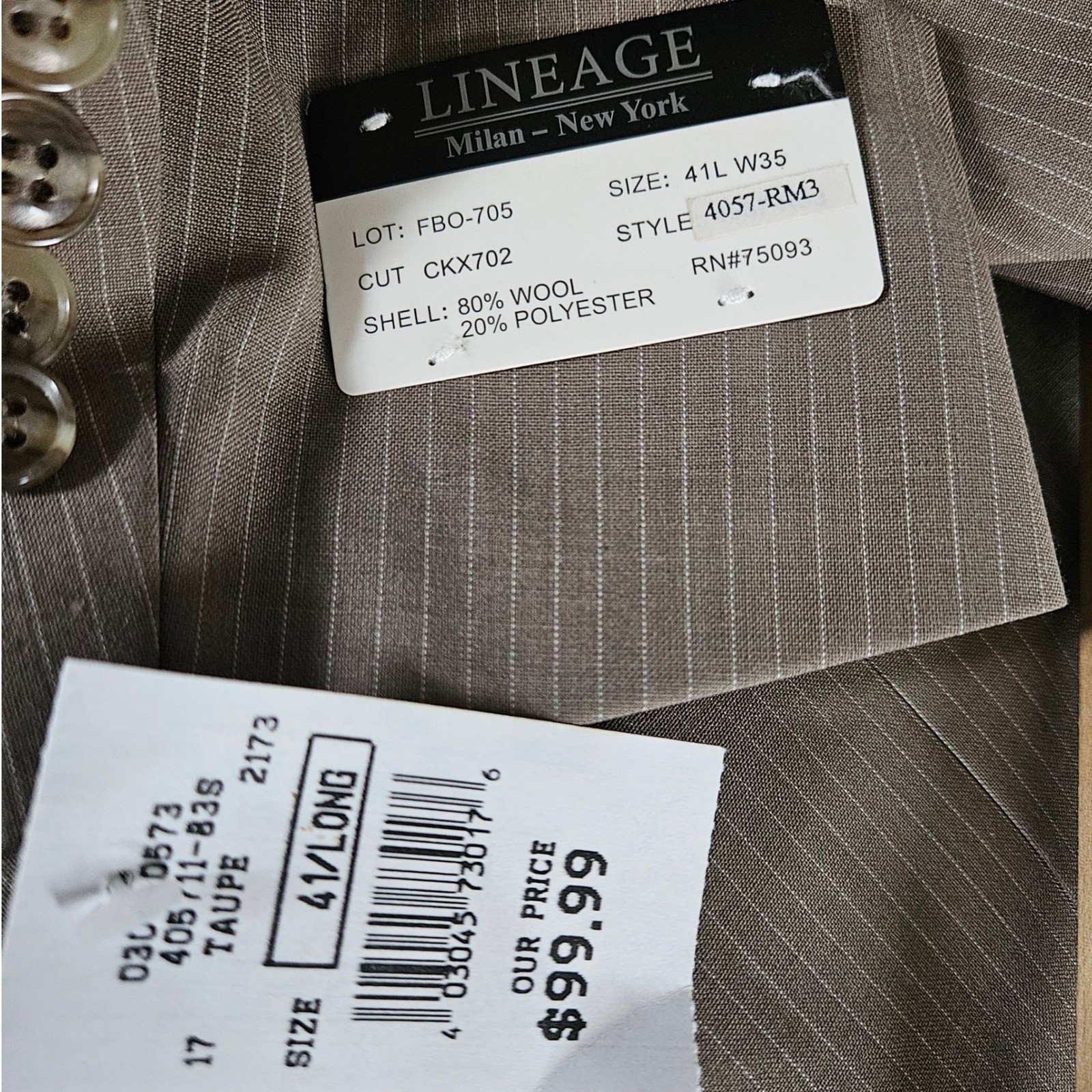 Lineage Milan-New York Mens Tan Pinstripe Super Fine Wool 2-Piece Suit 41L 35×35