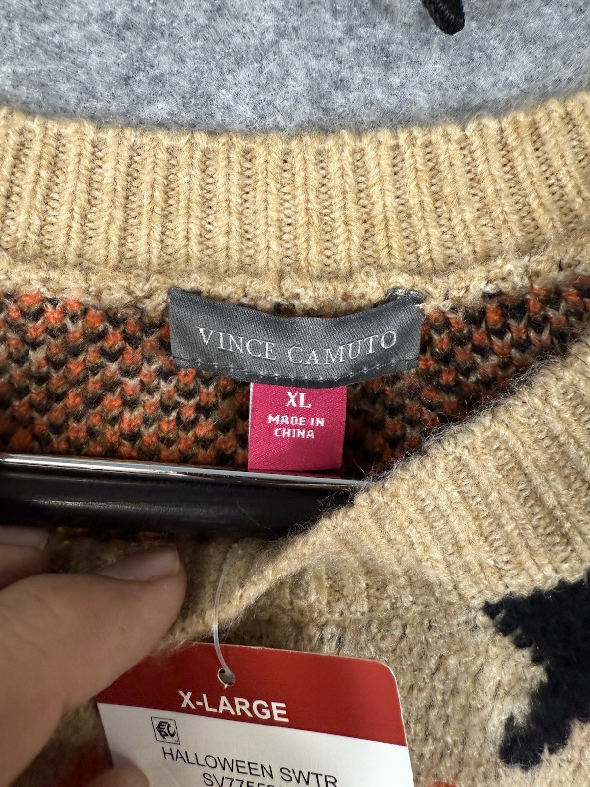 Vince Camuto Pullover Halloween Sweater Womens XL Beige Tan Knit Crew Neck NWT