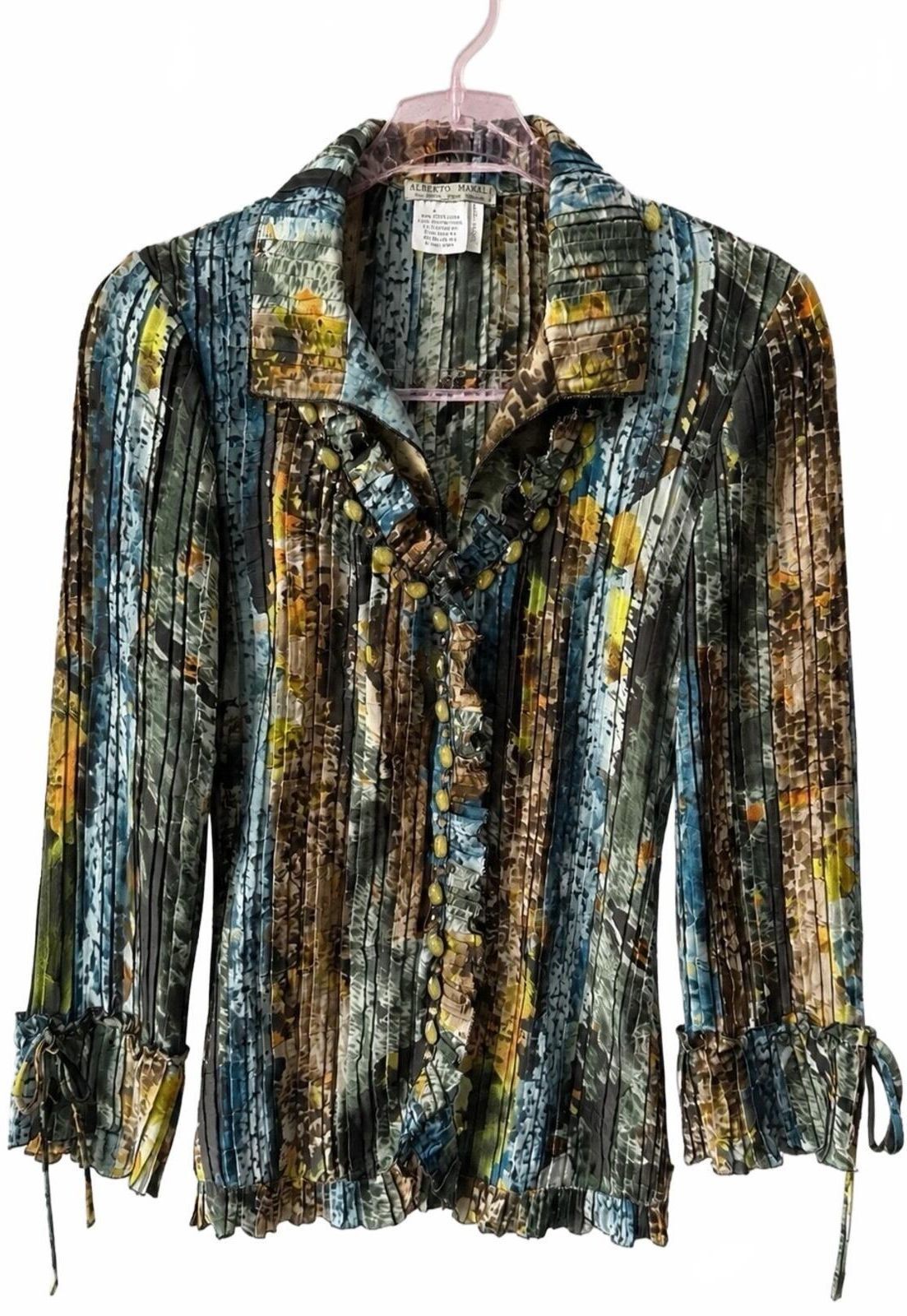 Alberto Makali Multicolor Crinkle Plisse Button-Down Shirt (L)