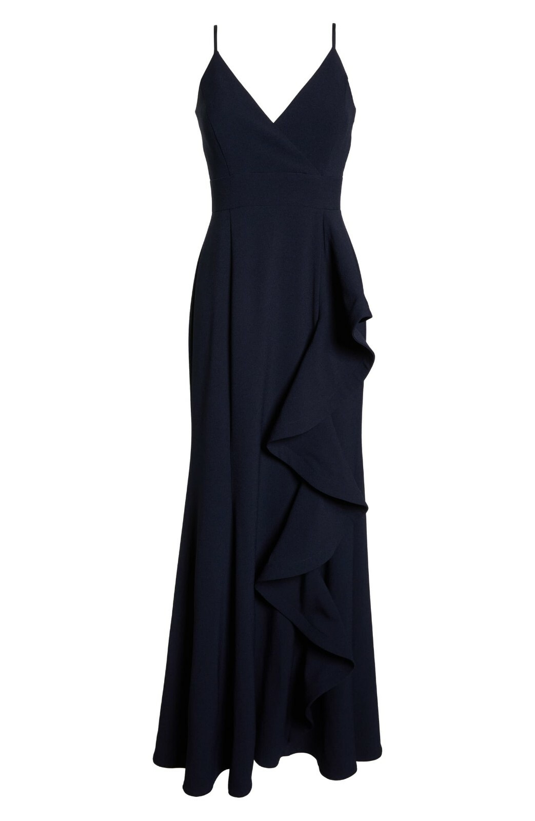 ELIZA J Navy Stretch Crepe Cascading Ruffle V-Neck Plunge Mermaid Maxi Gown 4 =S
