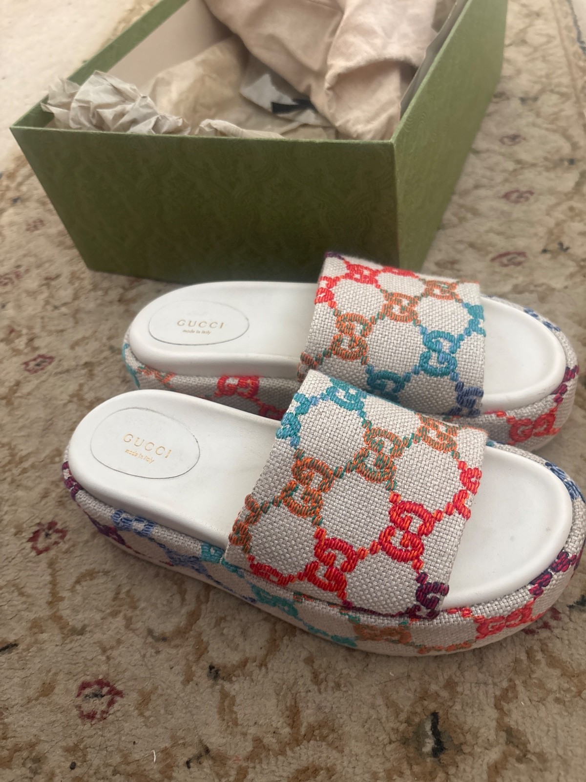 Gucci Angelina Multicolor GG Logo Platform Slides Sandals Women’s 9 EU 39