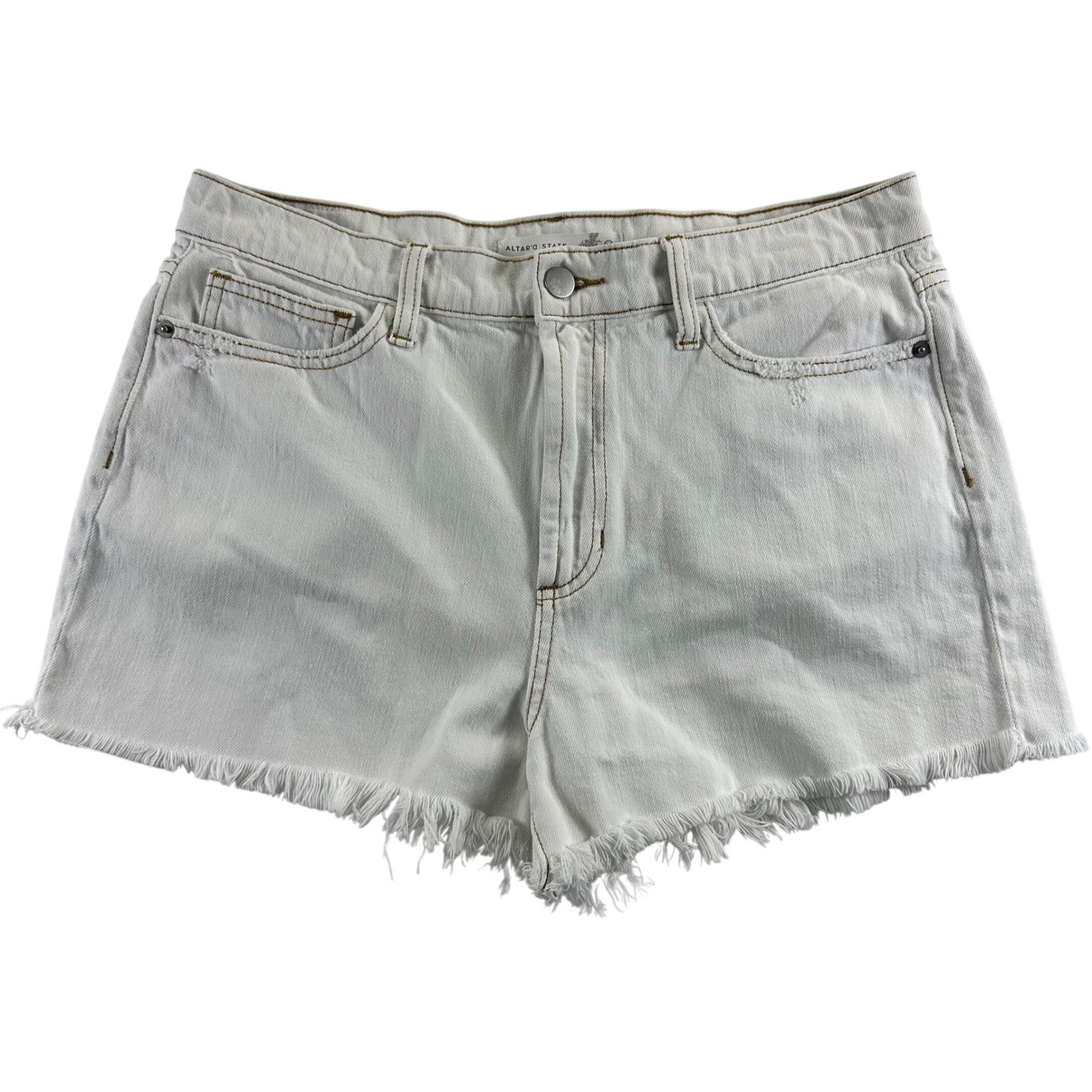 Altar’d State White Distressed High Rise Frayed Denim Shorts Size 30 SP-S7575-AT