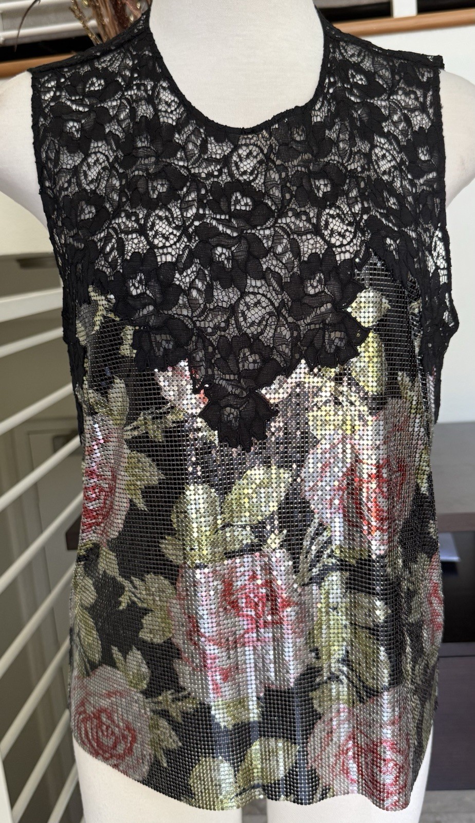 Paco Rabanne Floral-print Chainmail & Corded Black Lace Top Blouse Sz 38 FR/6 US