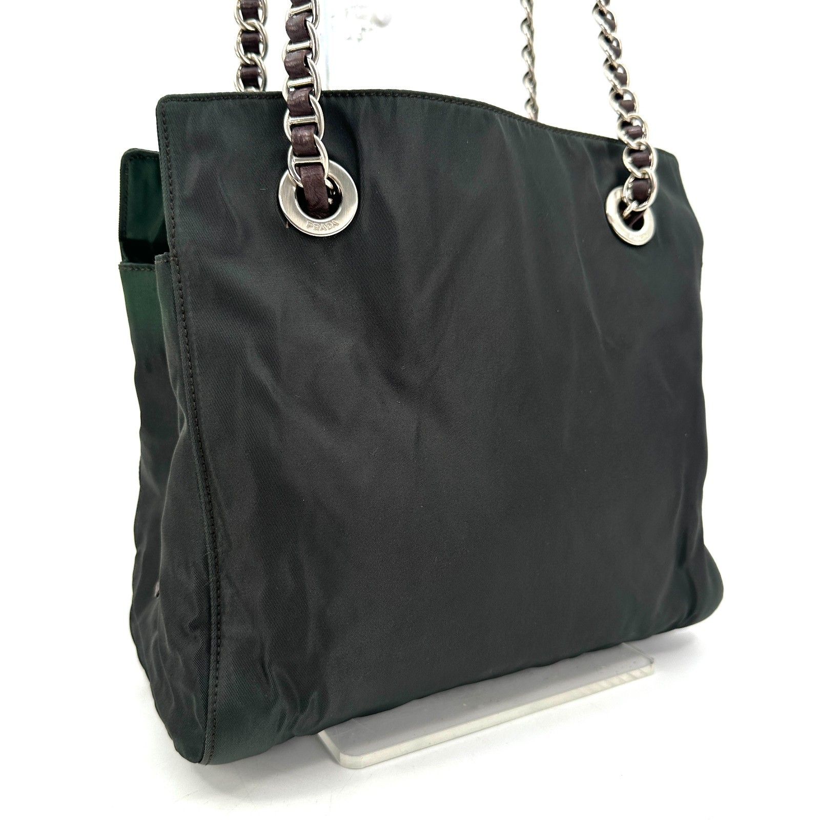 PRADA Shoulder Bag Cain Nylon Leather Green Khaki Triangle Logo Plate Black Auth