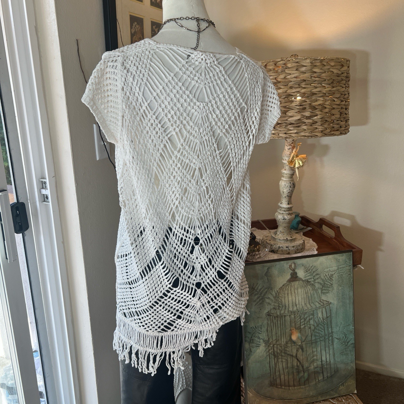 Y2K Crochet Fringe Knit Swimsuit Coverup Boho Fairy Western V Neck Top Tunic