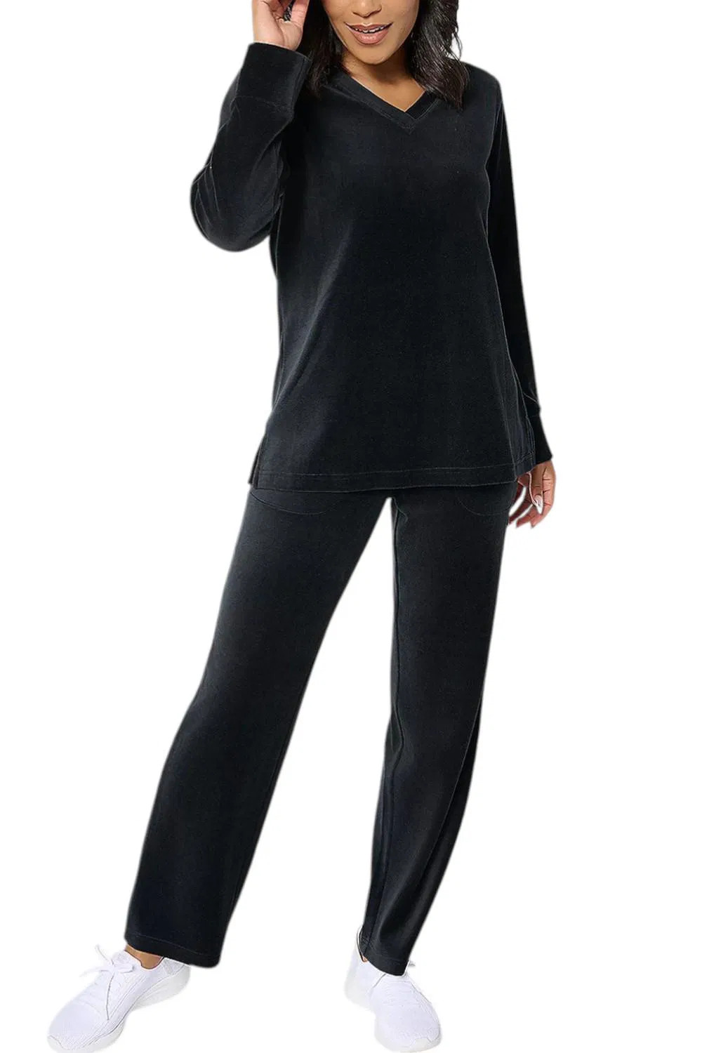 Denim & Co. Women’s Active Velour Top/Pants Set Black