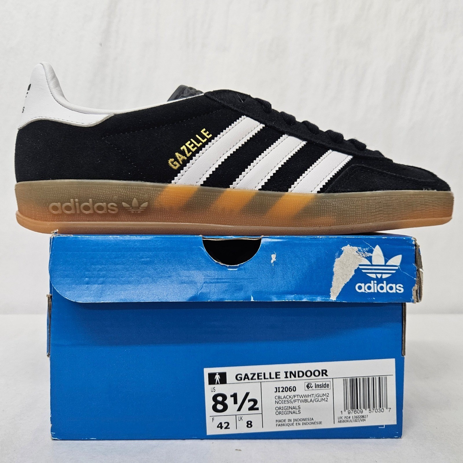 Adidas Gazelle Indoor Casual Sneakers JI2060 Core Black White Gum Men Size 8.5