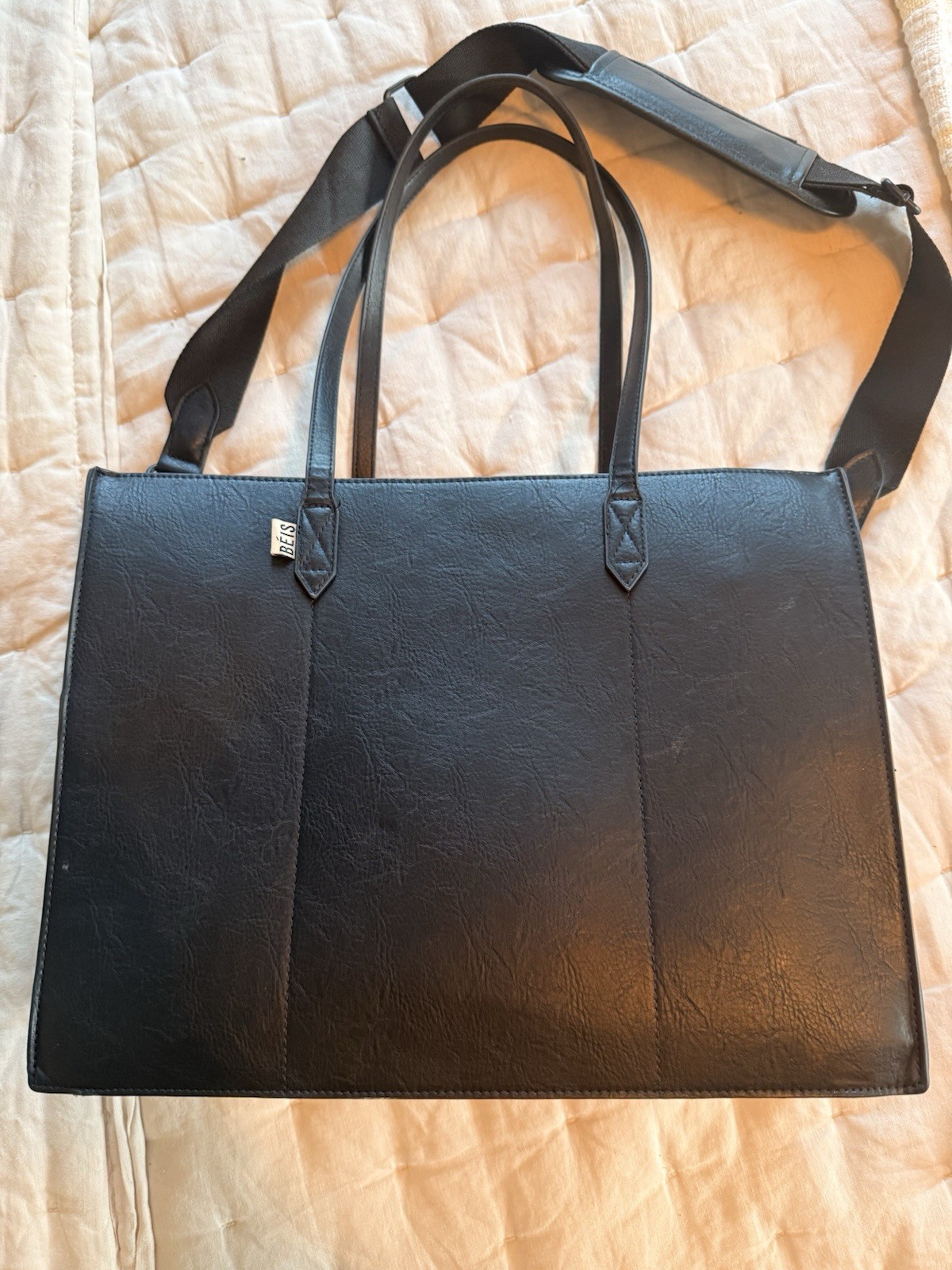 BEIS Large Black Work Tote Bag Zip Closure Detachable Shoulder Strap