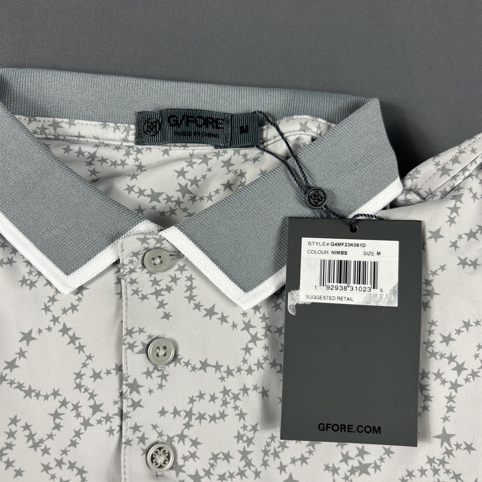 G/Fore G4 Golf Shirt Polo Sleeve Logo Constellation Print Medium Gray MSRP $120