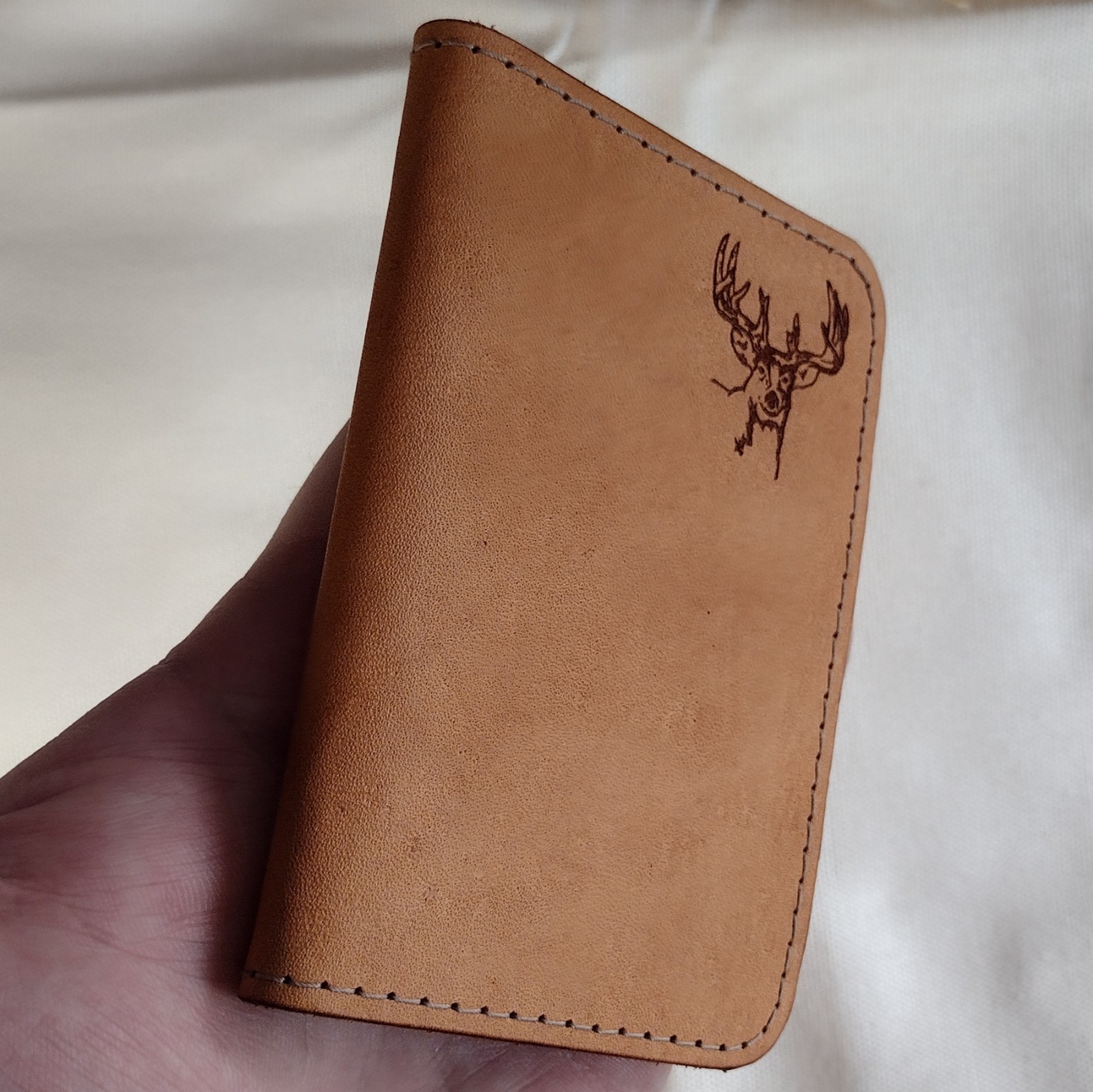 handmade 100% real leather wallet aged natural veg tan vertical bifold Deer