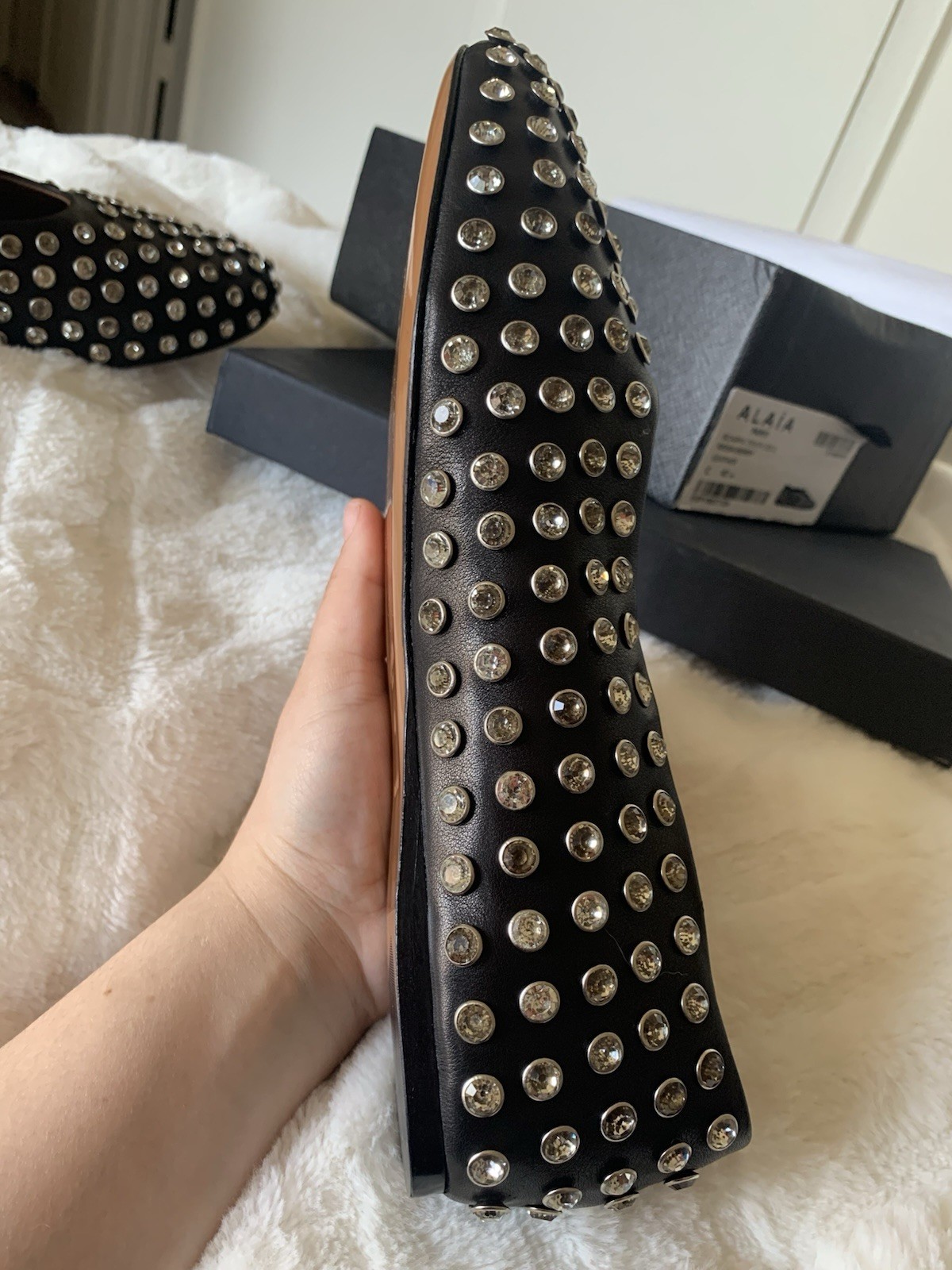 Alaia Mary Jane Strap Leather Rhinestone Crystal Ballet Flat Size 40 US 9 Black
