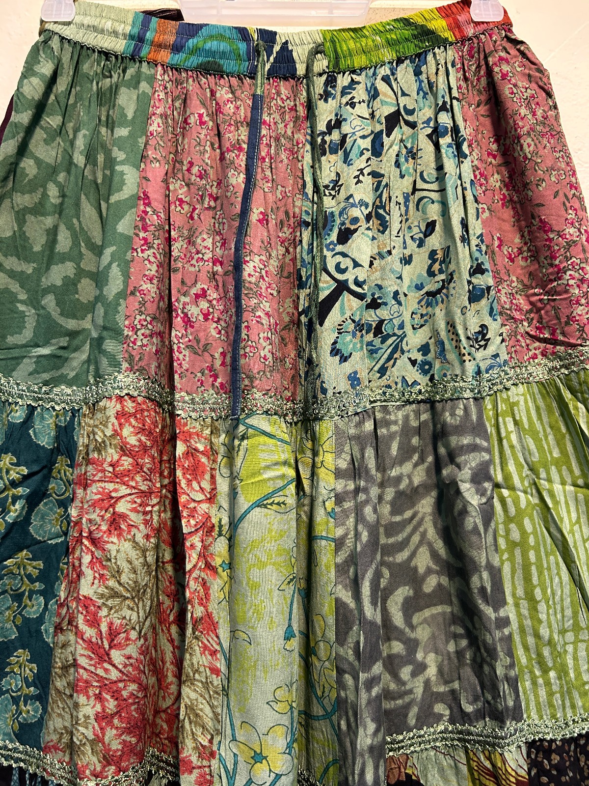 Nwt FUNKY STUFF boho hippy patch rayon elastic waist maxi SKIRT L Free shipping