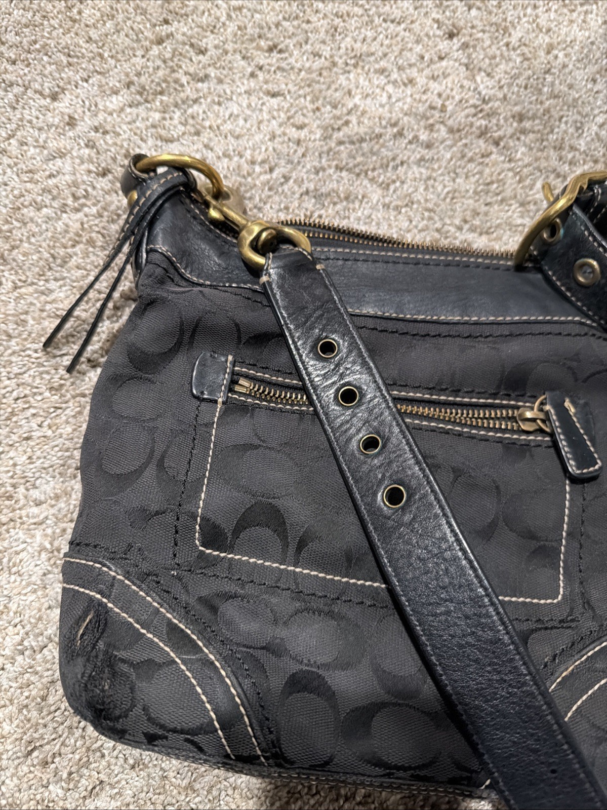 COACH Signature Black Canvas Leather Crossbody Shoulder Bag E065-10402 –