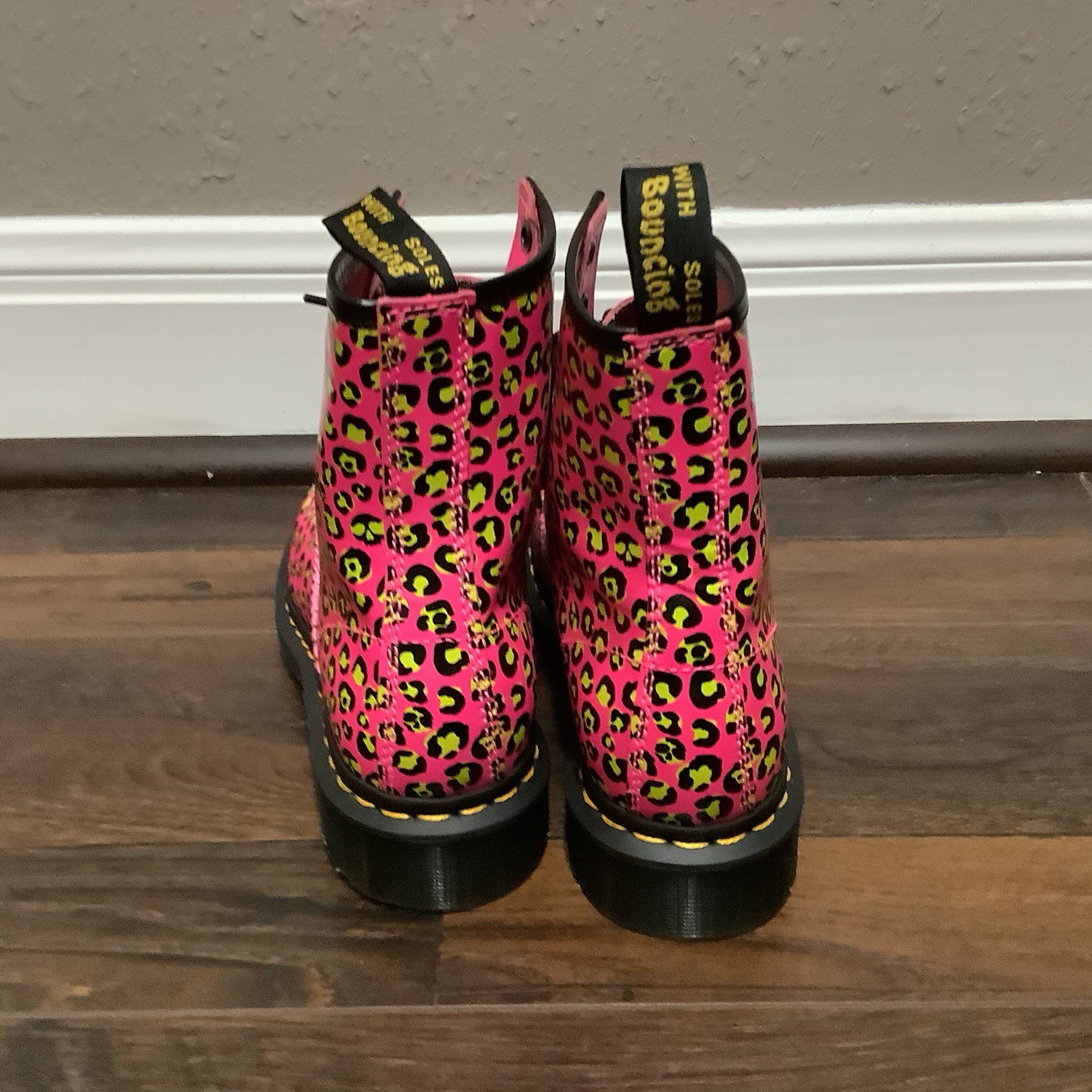 Dr Martens New 1460 Neon Pink Lime Leopard Print Patent Leather Boots Womens 6