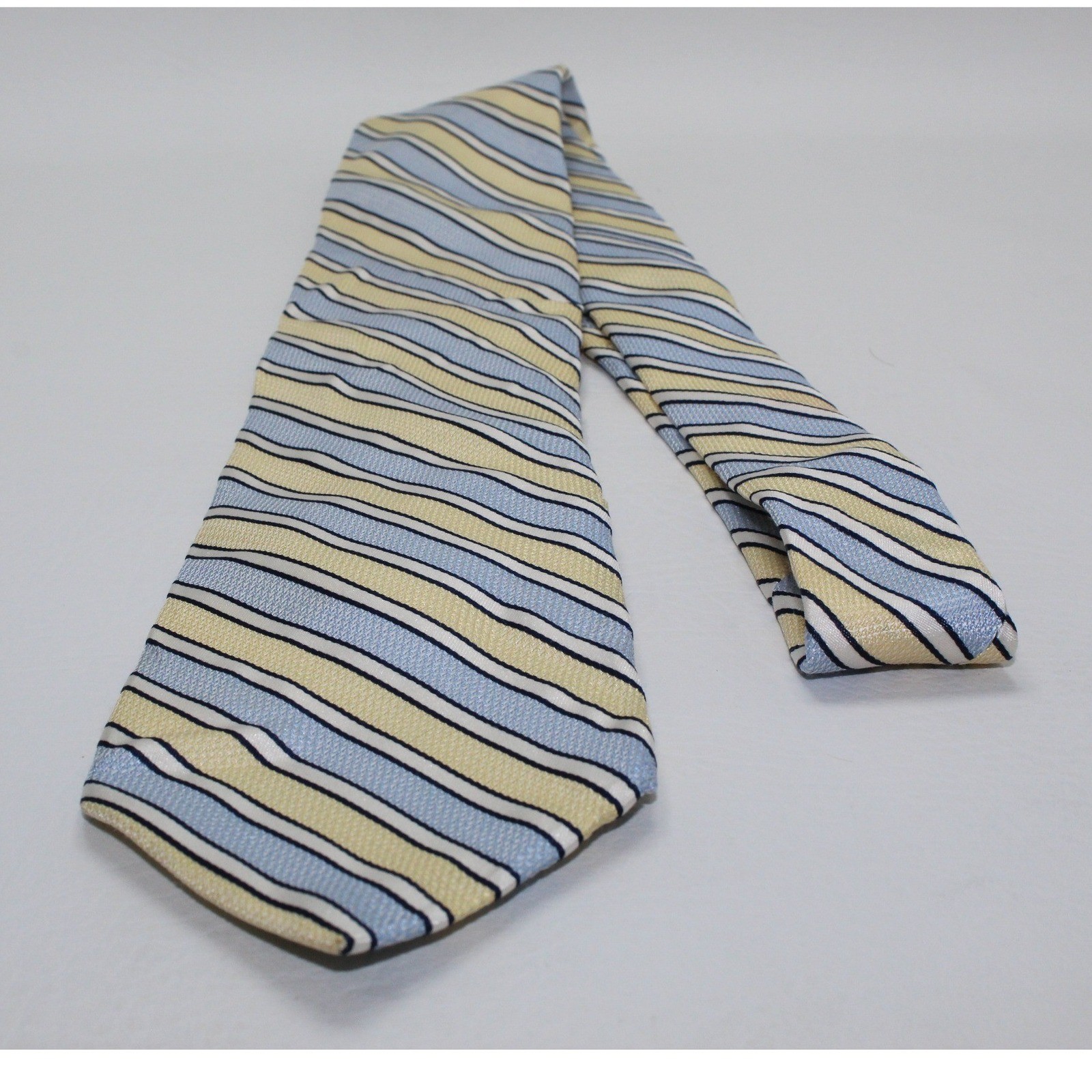Nordstrom Mens Silk Tie Blue Yellow Cream Striped Made in USA 3.25 Inch Width