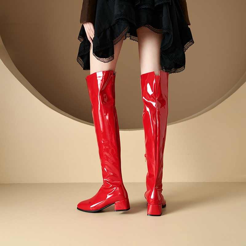 Women Patent Leather Over The Knee Boots Thigh High Block Heel Long Boots Shoes