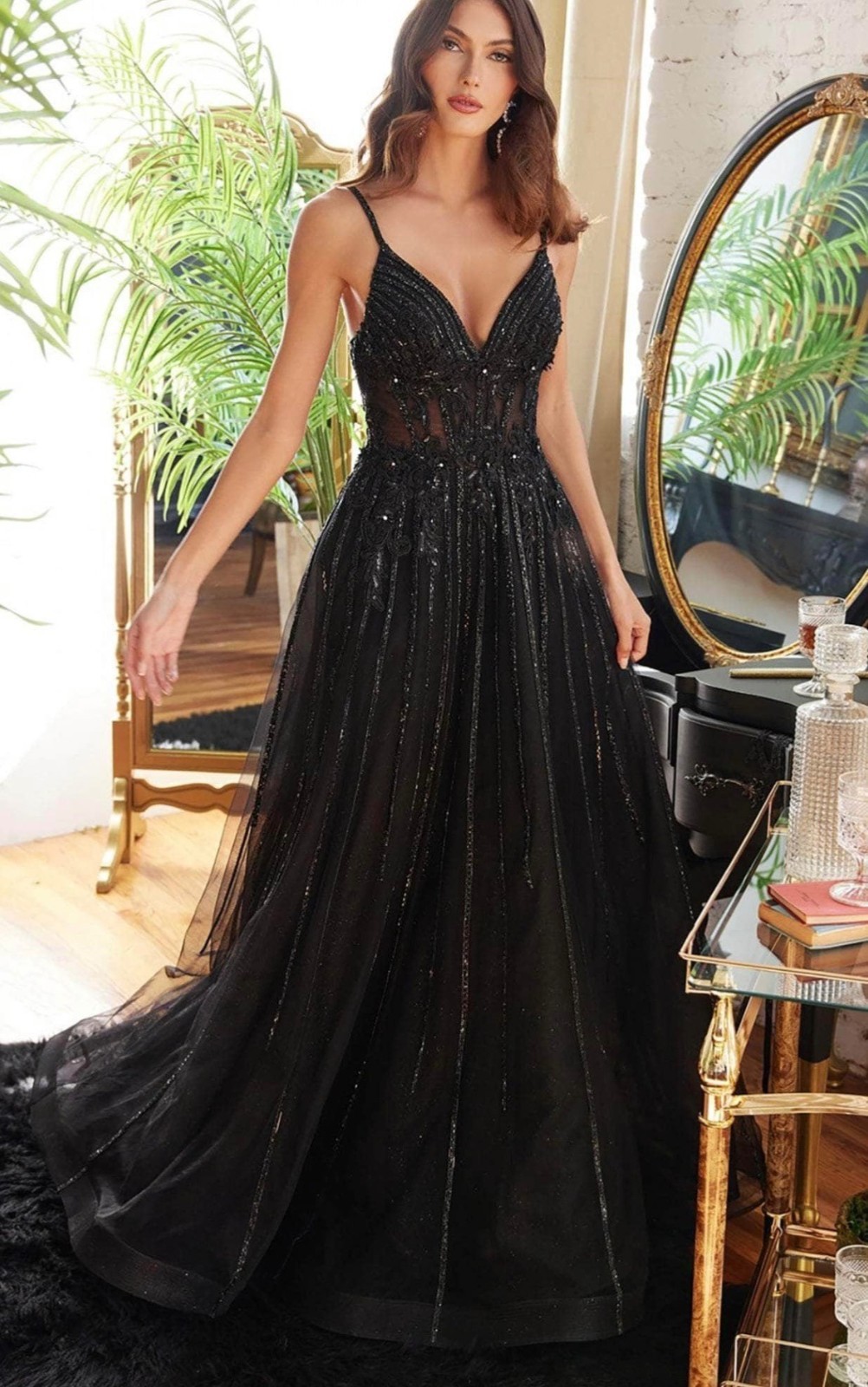 Ladivine by Cinderella Divine NWT CD994 Black Beaded Illusion Tulle Gown Size 4