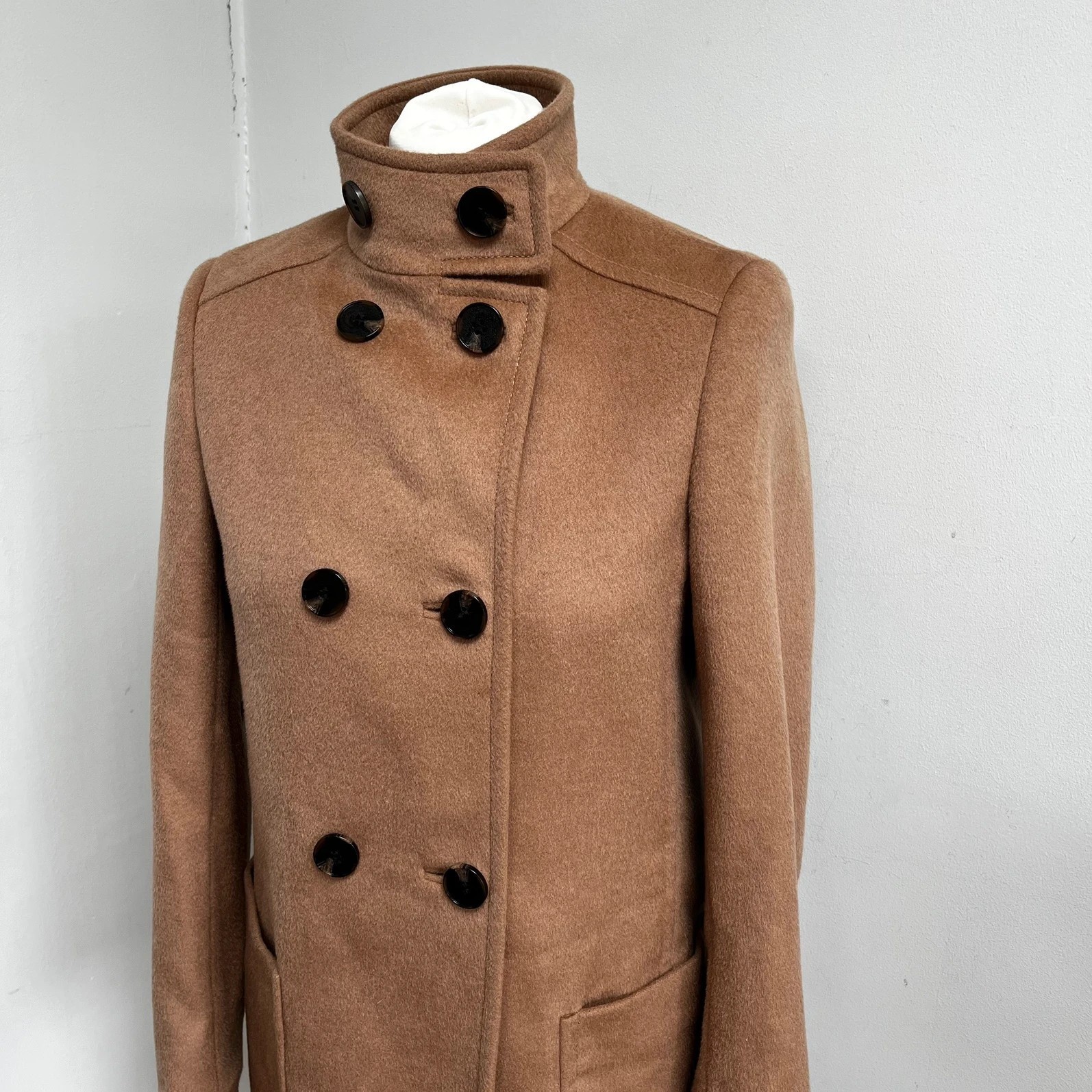 Jaeger pure wool camel coat funnel neck button up size 6