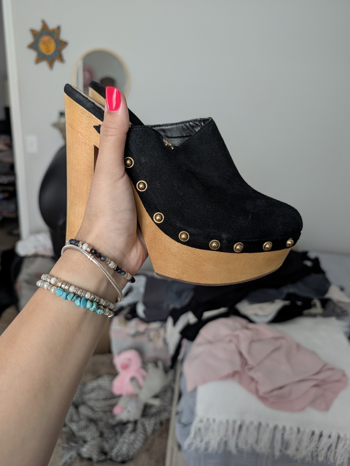 Bebe Studded Platform Heels Size 6 Black Leather Slip-On Closed Toe