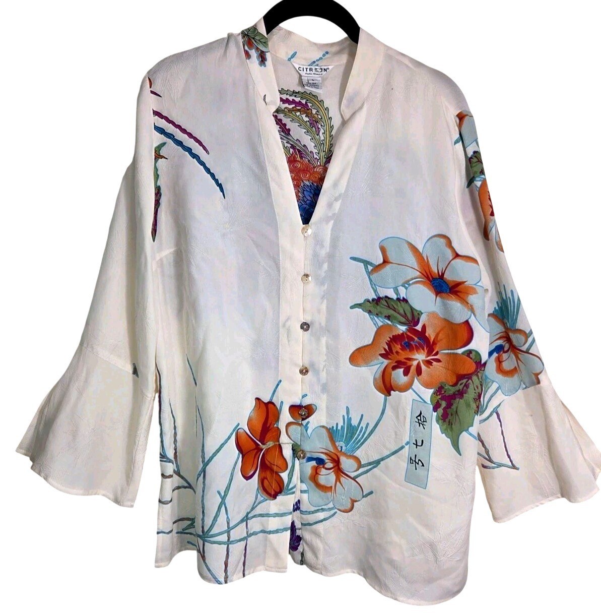CITRON SANTA MONICA Size L Silk Button Up Top Phoenix Oriental Floral Phoenix