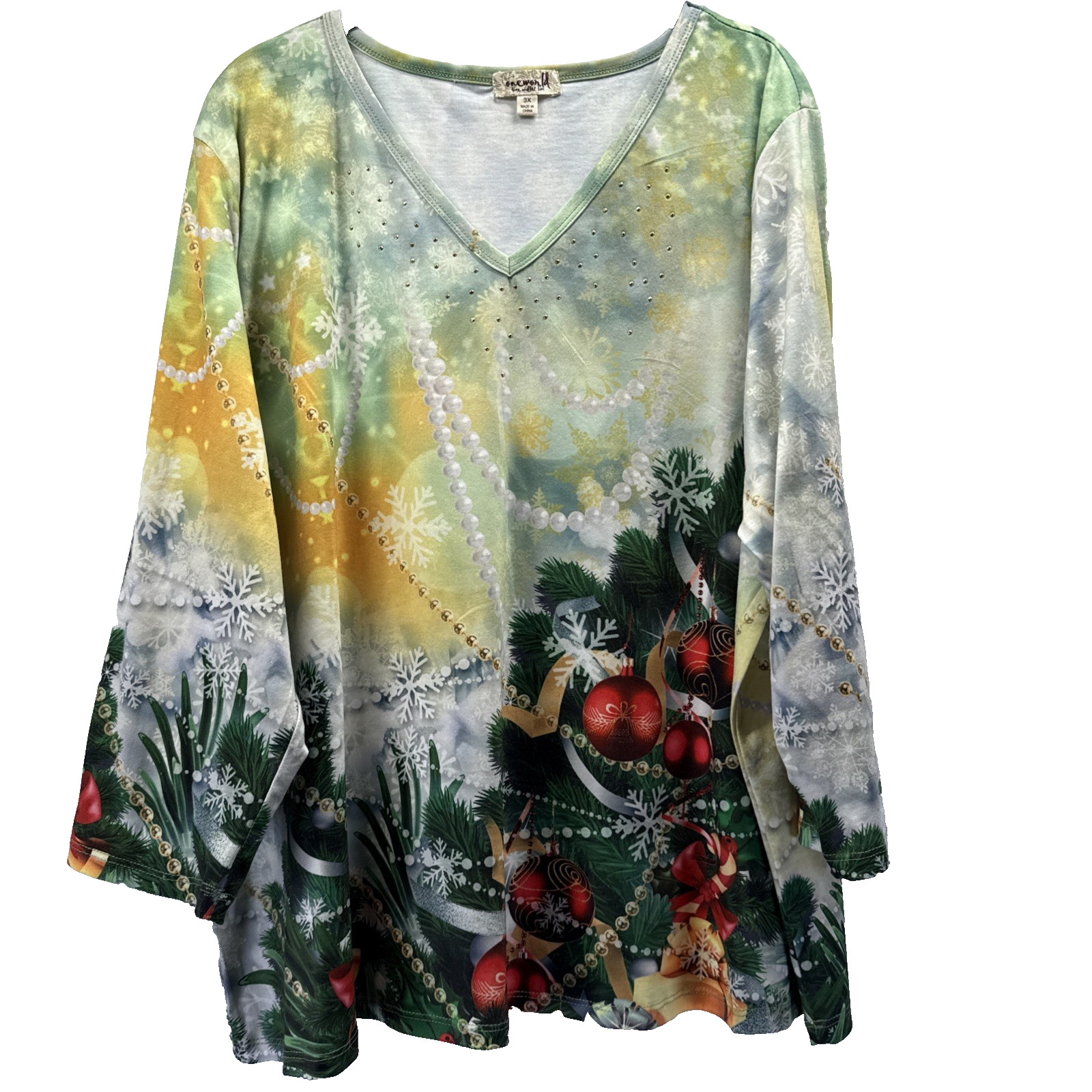 One World Women’s Top 3X Holiday Christmas Colorful V Neck 3/4 Sleeves Pullover