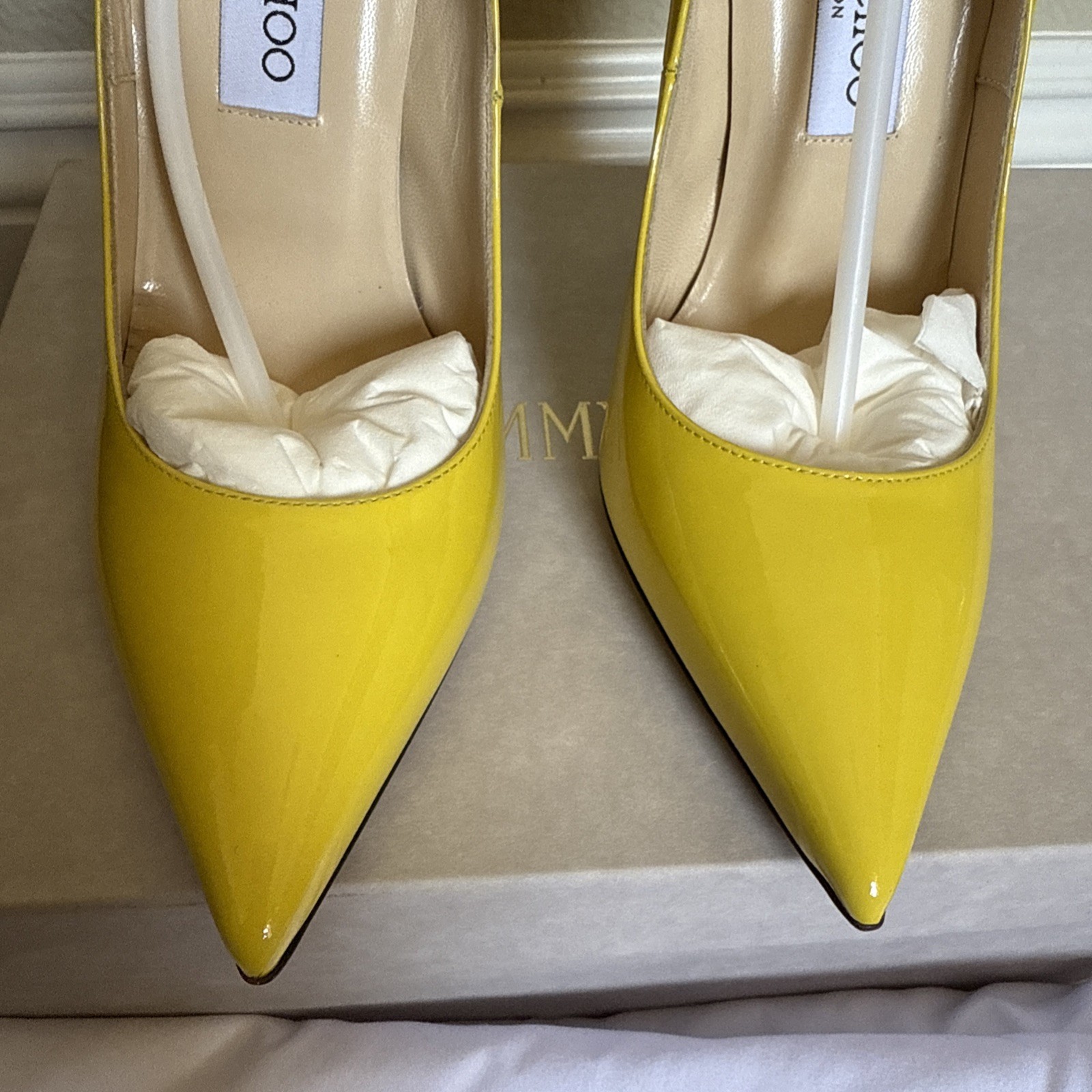 JIMMY CHOO Anouk Tacco 120 Patent Leather Point Toe Pump Yellow US 7 NIB RARE