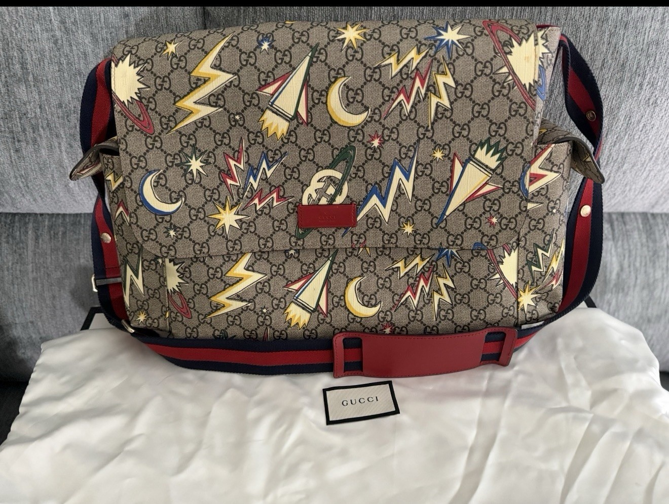 Gucci GG Supreme Rocket Print Messenger Bag Beige/Multicolor, Adj Strap, Dust