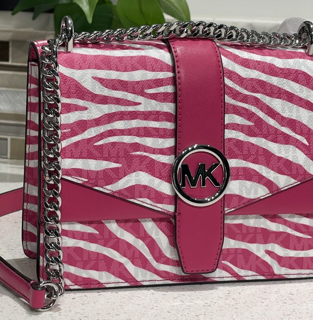 MICHAEL KORS GREENWICH SMALL FLAP CROSSBODY MK CHAIN BAG TOTE PINK ANIMAL ZEBRA