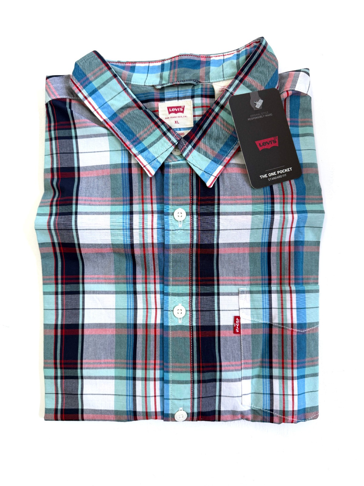 Levi Strauss Men’s Shirt Blue Plaid Short Sleeve Size XL 1 Pocket Red LEVIS NWT