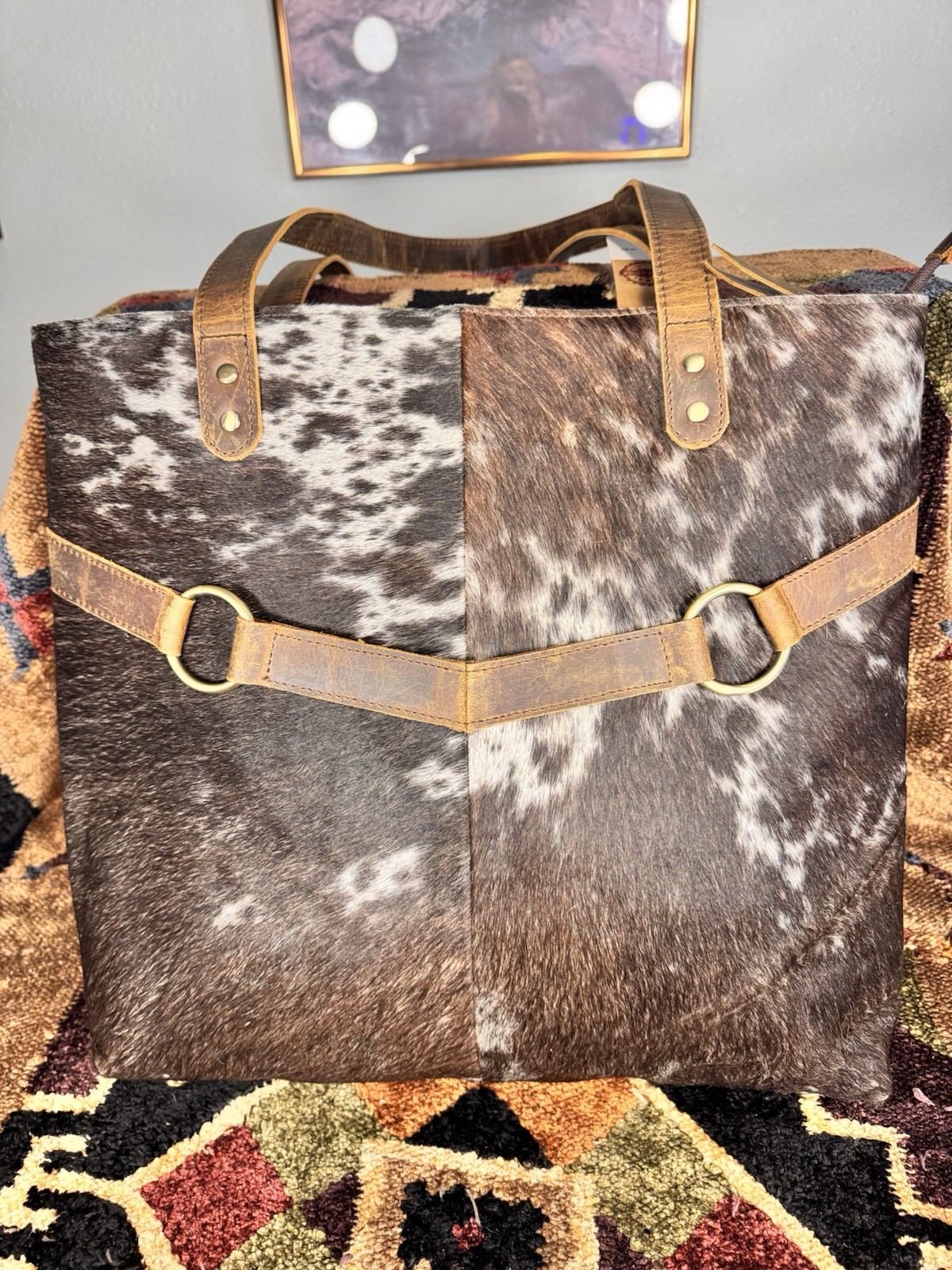 Rafter T Ranch pouches & Western Brown/White Cowhide Zip Laptop Tote