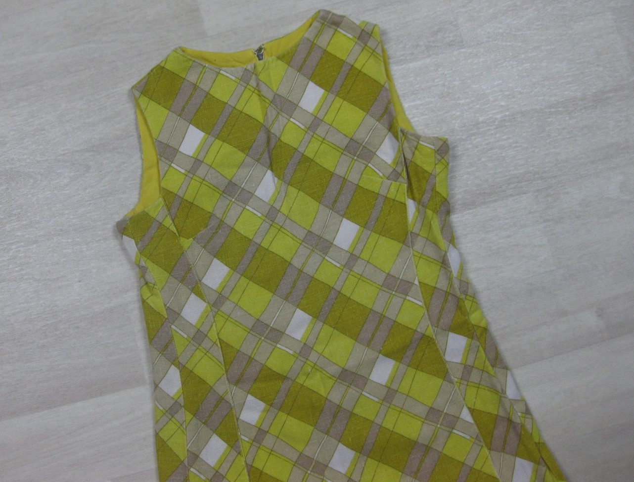 Vintage 60s Mini Sheath Shift Dress (S) Plaid Yellow Day Glo Sleeveless MOD