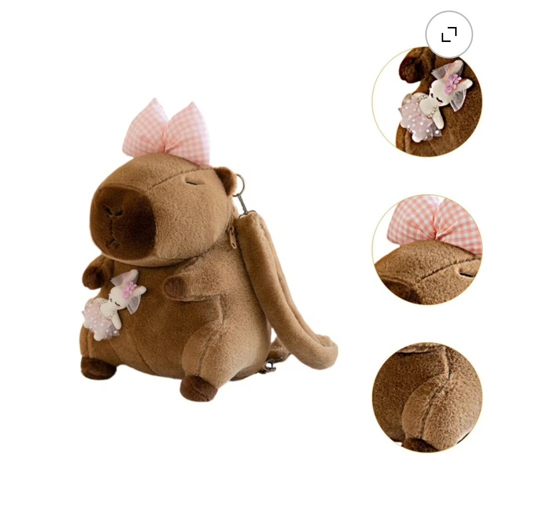 Plush Capybara Mini Backpack Brown Pink Gingham Bow Zip Adjustable Strap