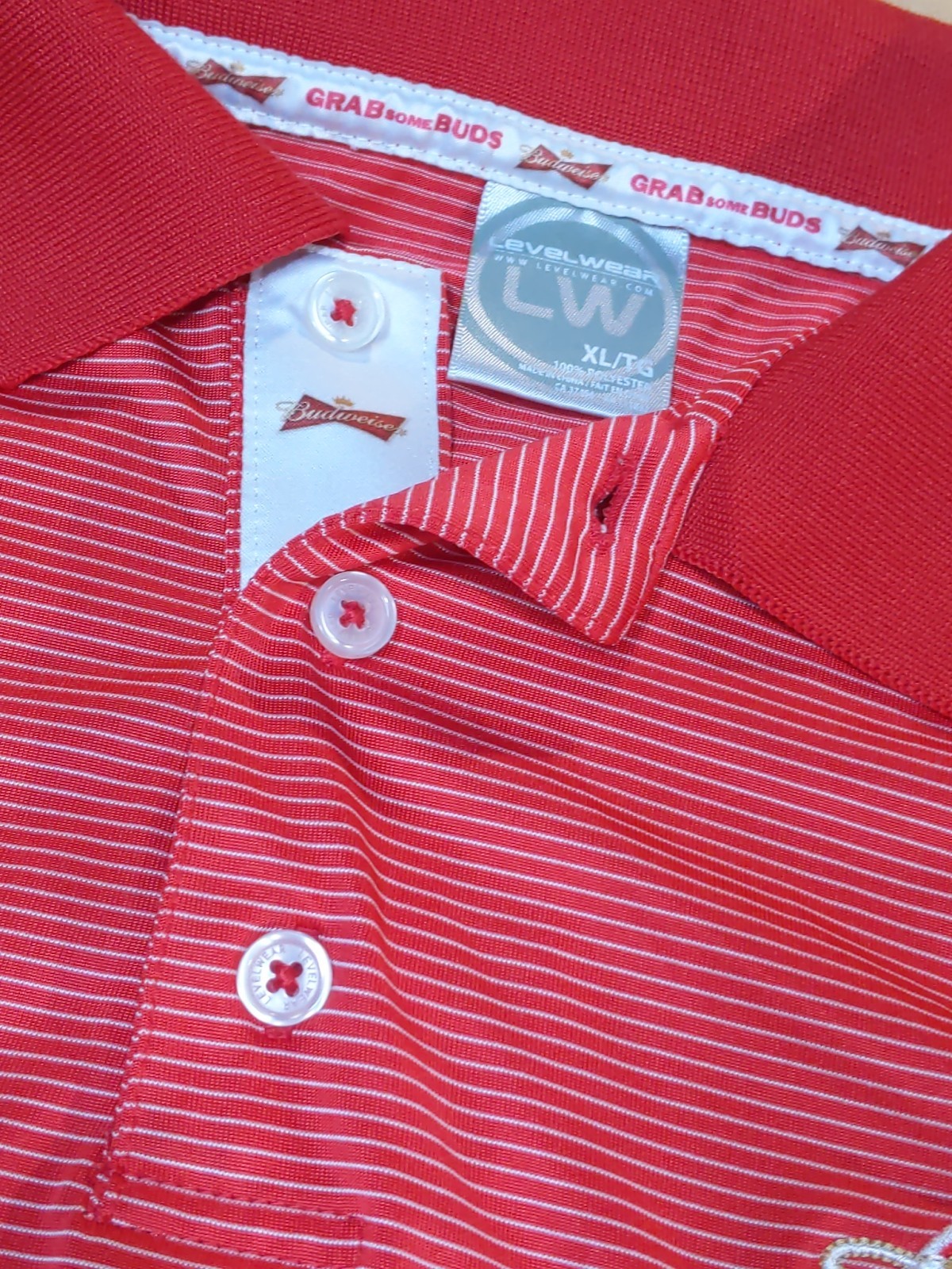 Budweiser Level Wear Polo Shirt Men’s Size XL Red Stripe Embroidered Golf Active