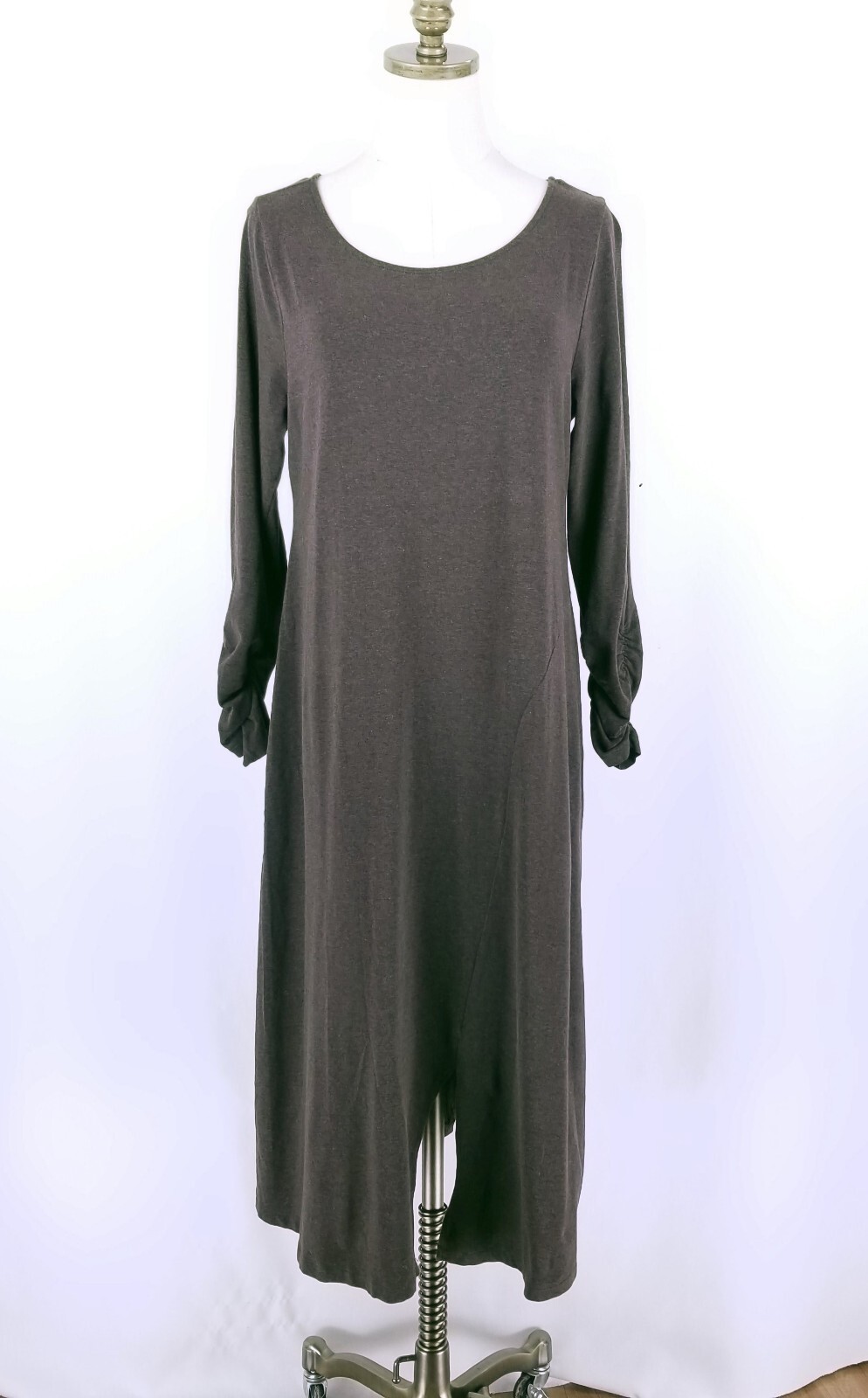 Soft Surroundings Long Sleeve T-Shirt Dress Size L Solid Brown Ruched Sleeve