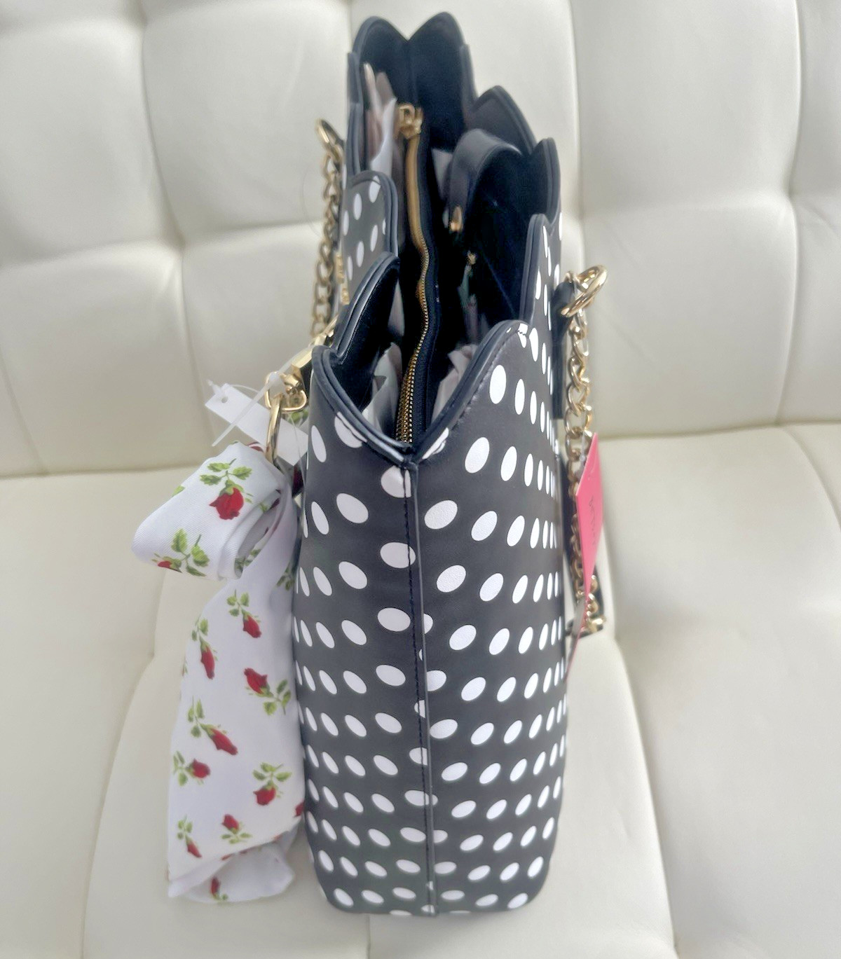 Betsey Johnson XO Tote Black/White Polka Dots Shoulder Bag Purse NWT