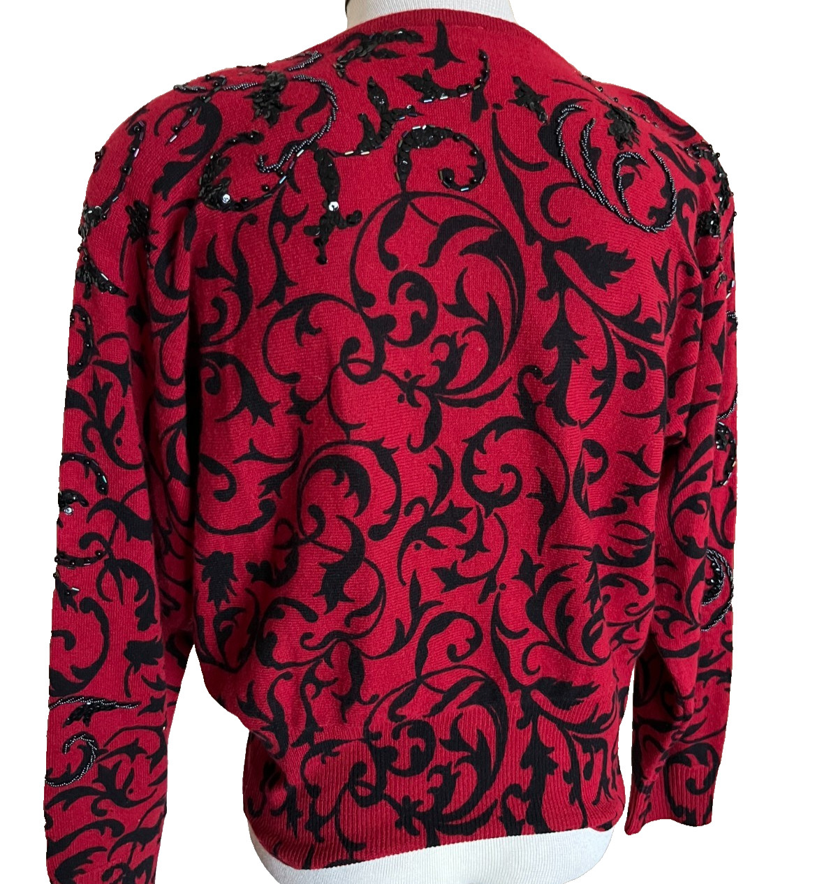Cache Sweater Top Red Black Sequin Beaded Size Small Angora Wool Holiday Vintage