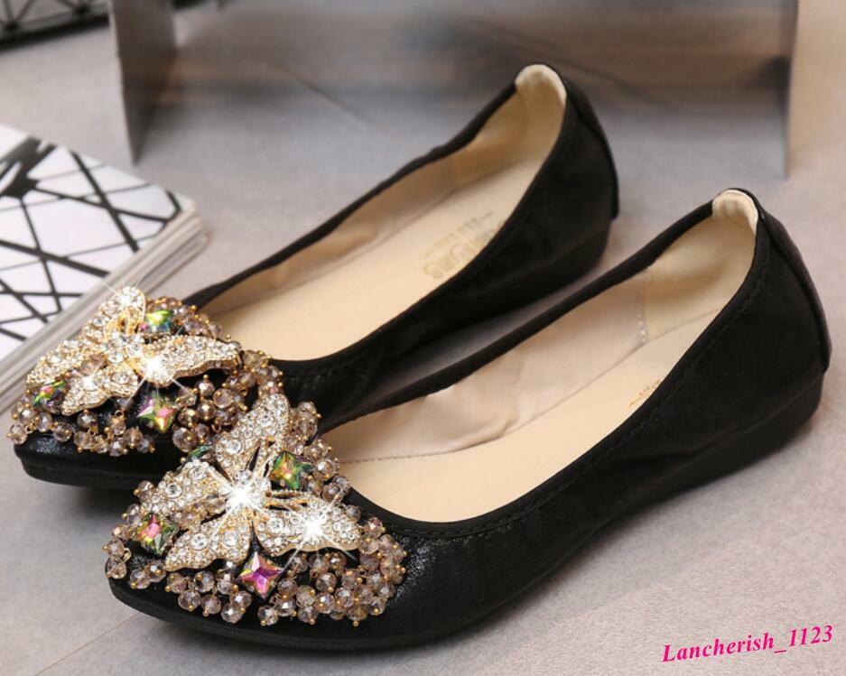 Rhinestone Butterfly Women’s Pointy Toe Shoes Slip On Loafers Flats Formal Chic
