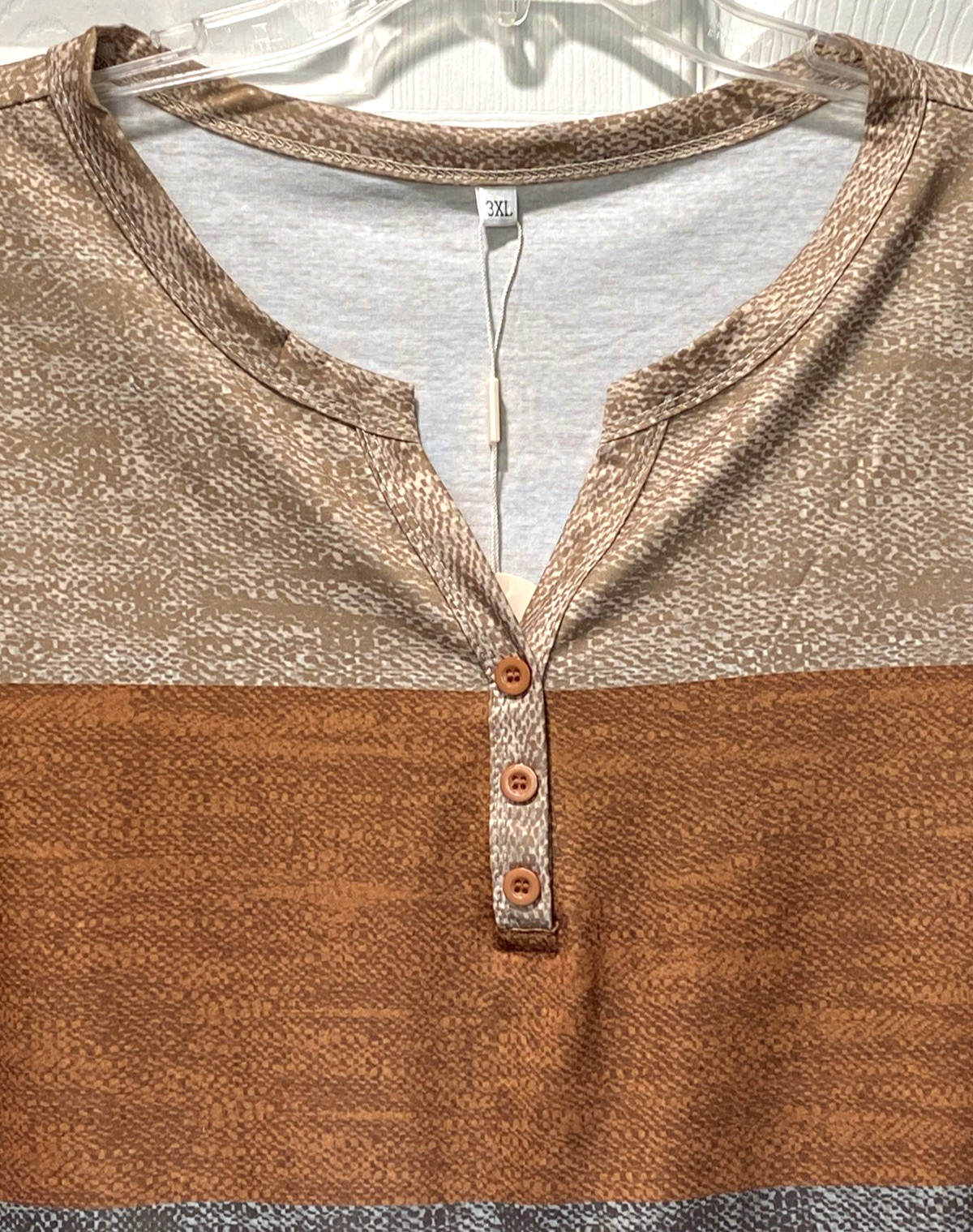 Pullover Top Beige Brown Orange Stripe Long Sleeve V-Neck Slinky Size 3XL NEW