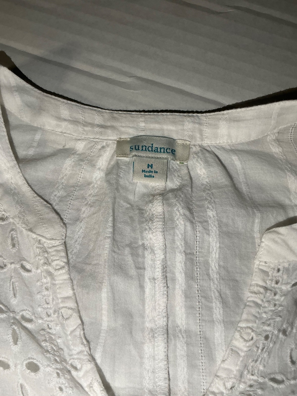 Sundance White Cotton Embroidered Peasant Blouse Size M Short Sleeves and Sheer