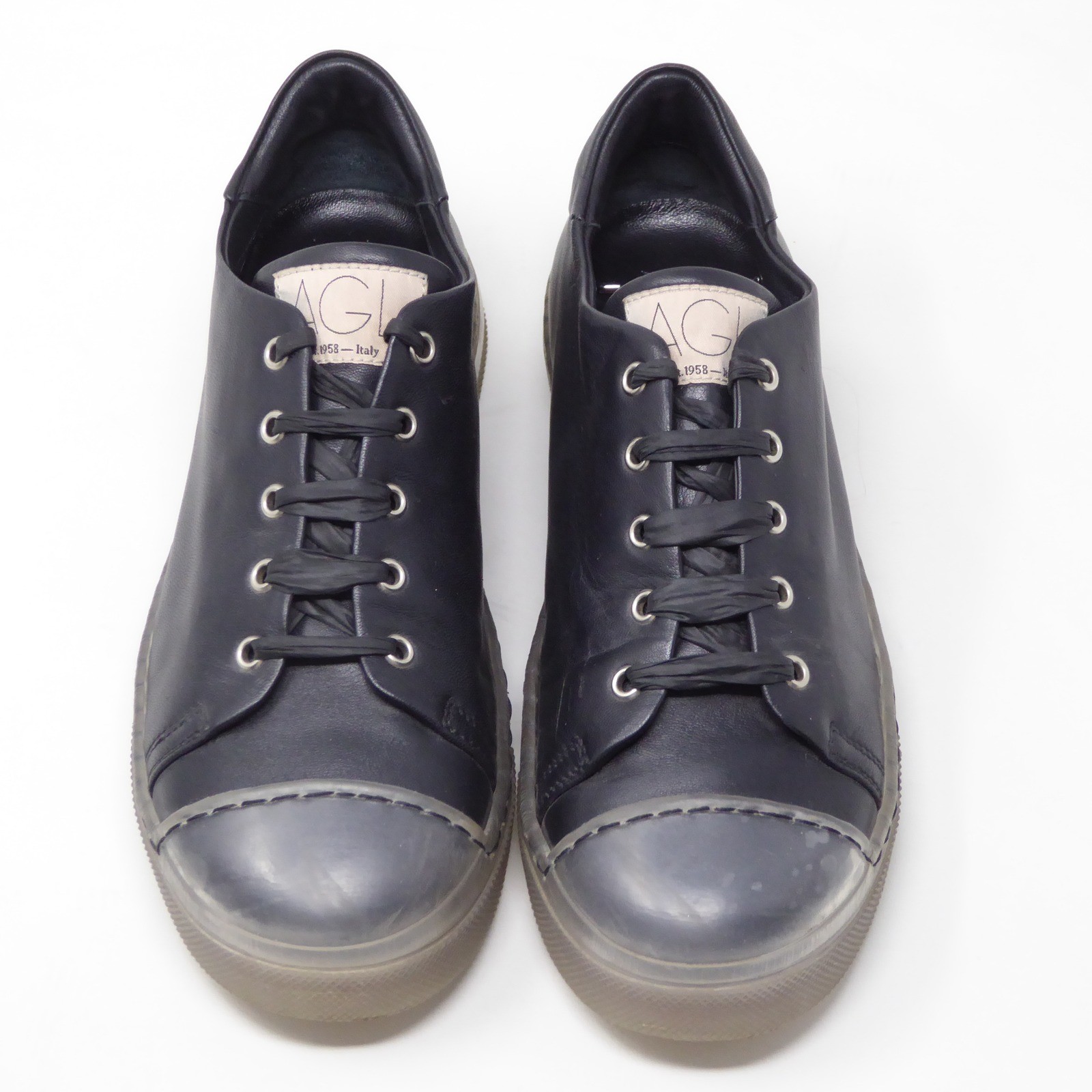 AGL Womens Clear Sole Sneakers Shoes Black Leather Lace Up Cap Toe 38EU / 8US