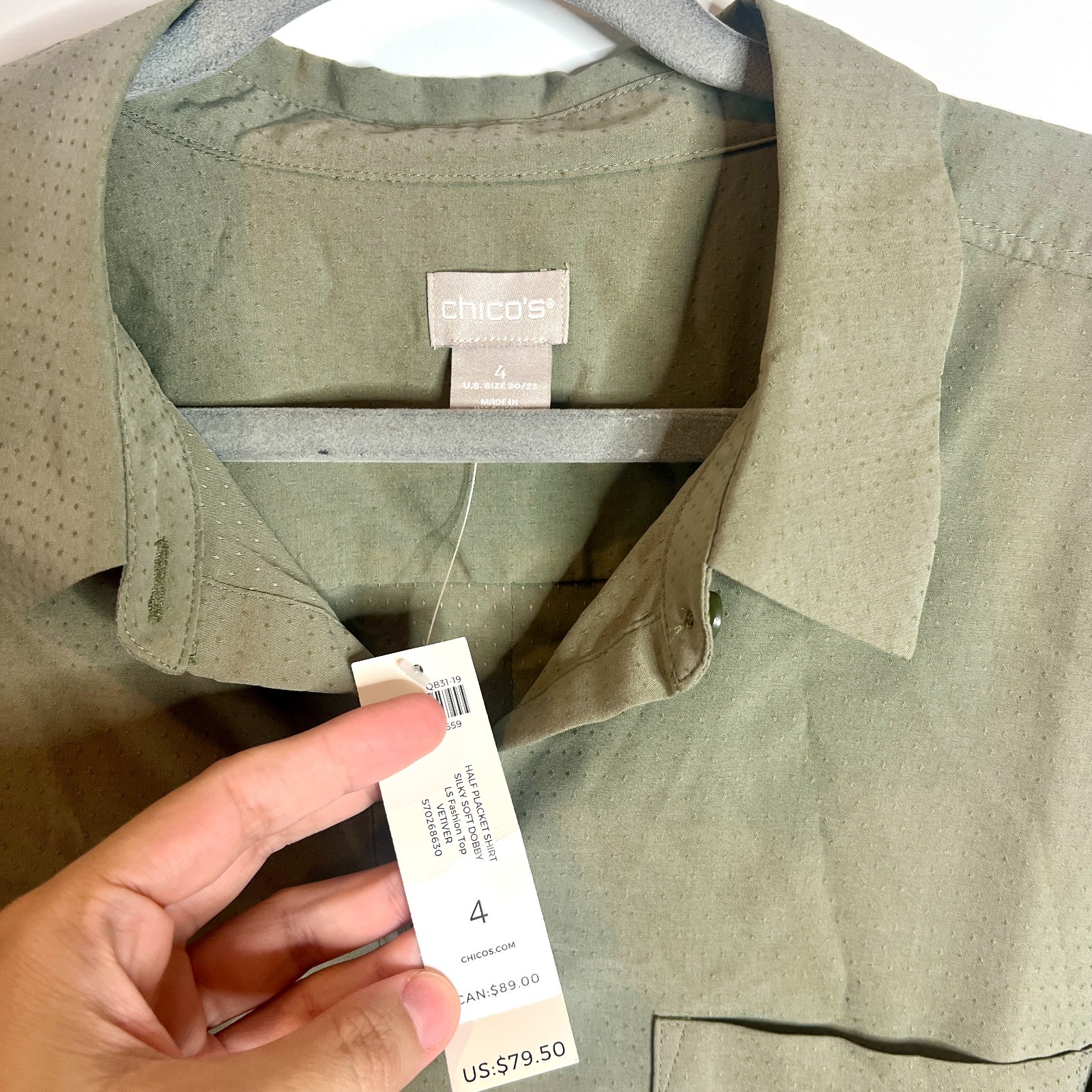 Chico’s Silky Soft Dobby Half-Placket Shirt Modal in Vetiver Button-Up XXL NWT
