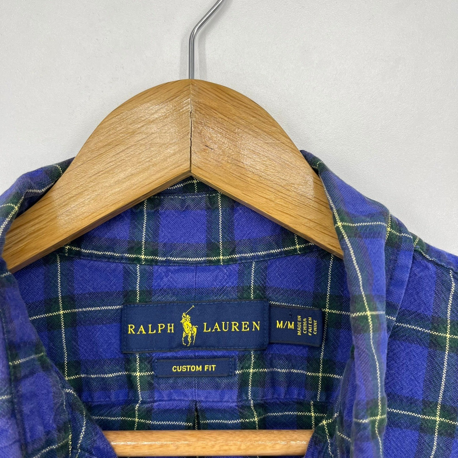 Ralph Lauren Mens Custom Fit Plaid Button Down Shirt Blue Green Yellow Size M