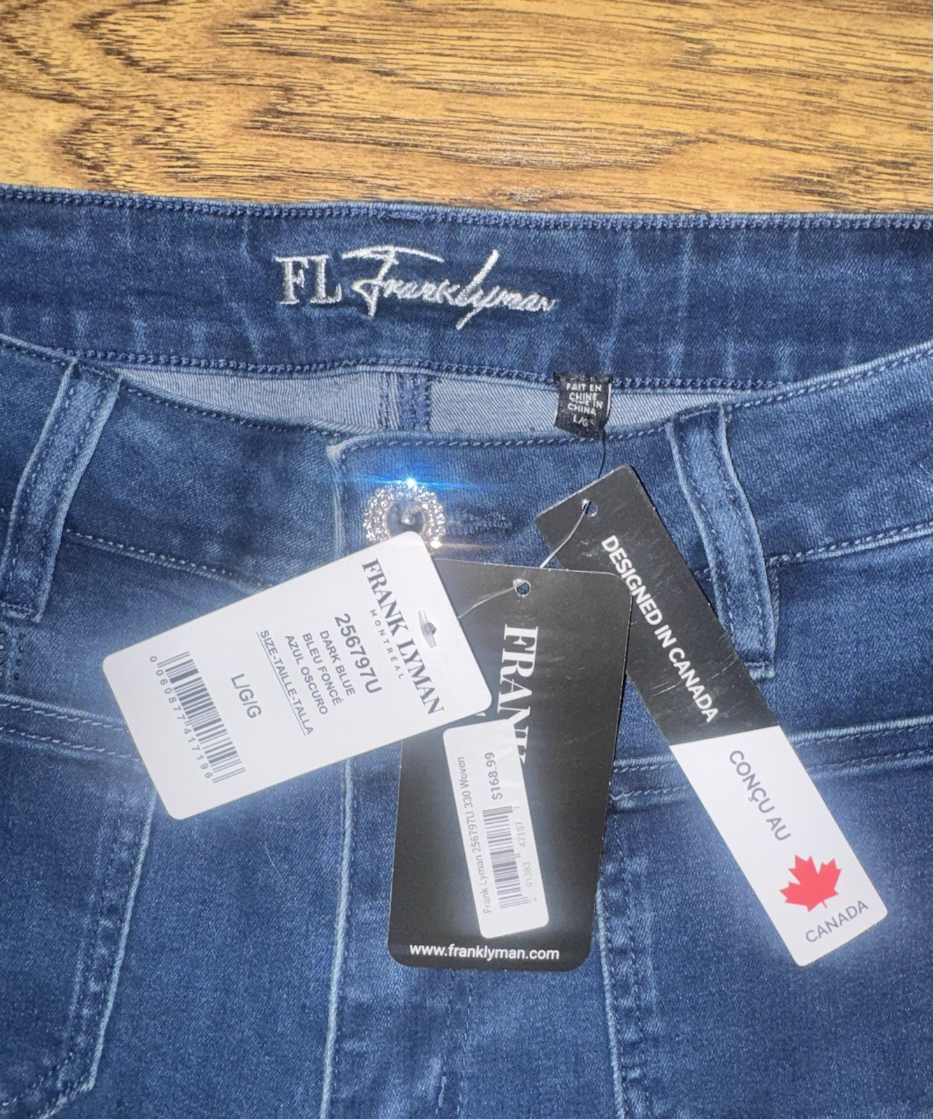 NWT Frank Lyman 256797U Blue Cropped Wide Leg Jeans Rhinestone Hem Womens Size L
