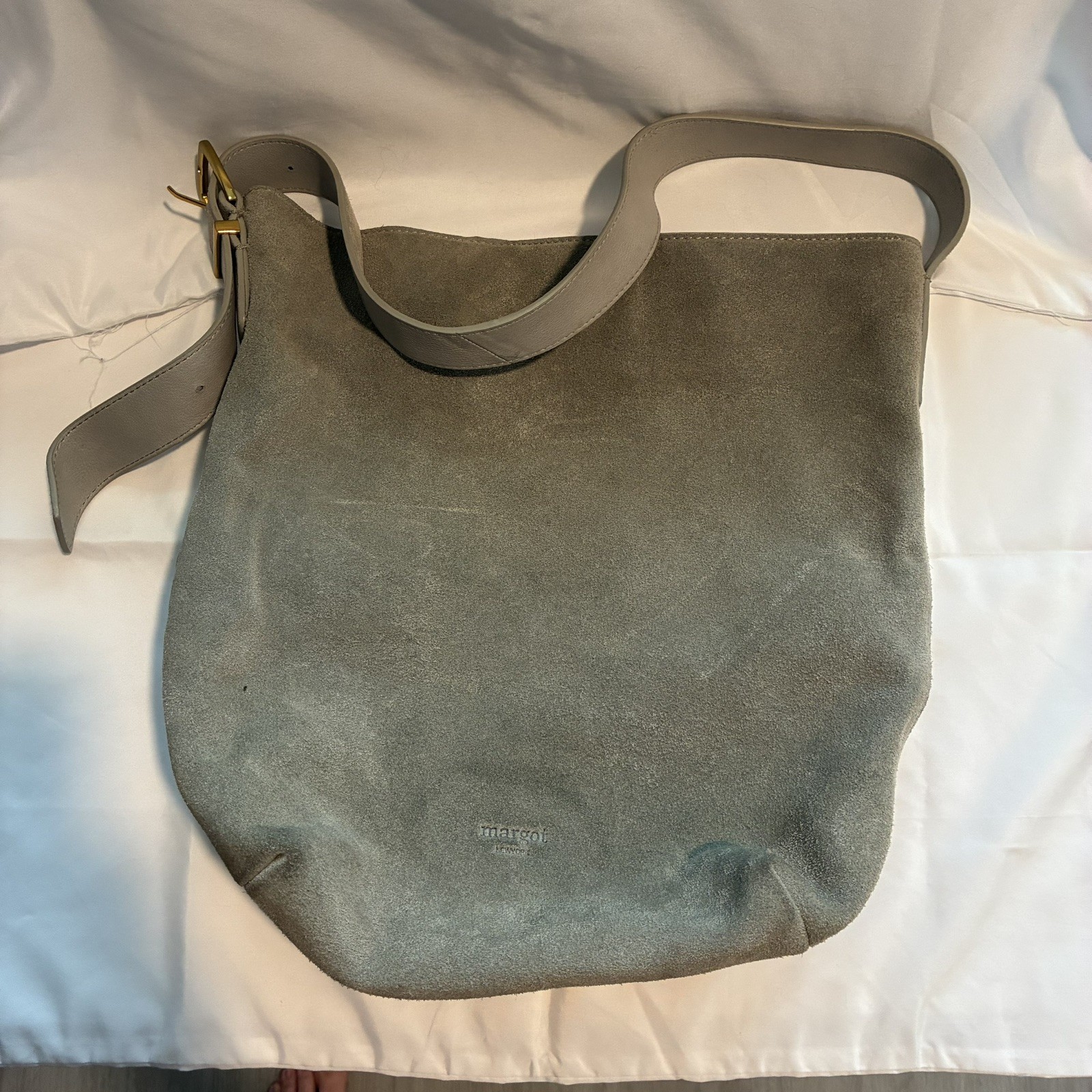 Margot New York Neutral Suede Genuine Leather Kaye Bucket Large Tote Lined