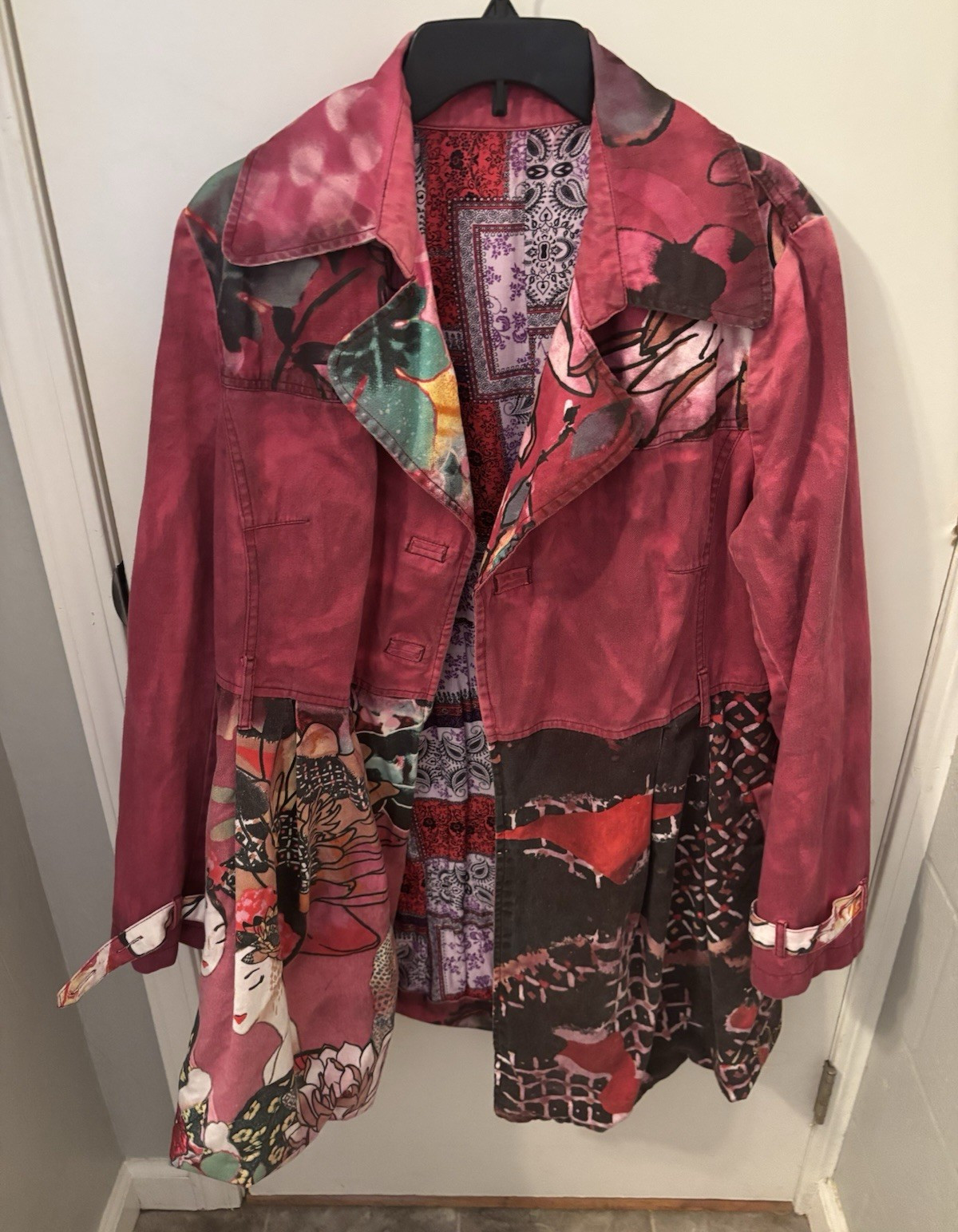 Desigual Women’s Mid-Length Cotton Jacket Pink Multicolor Floral Embroidered 46