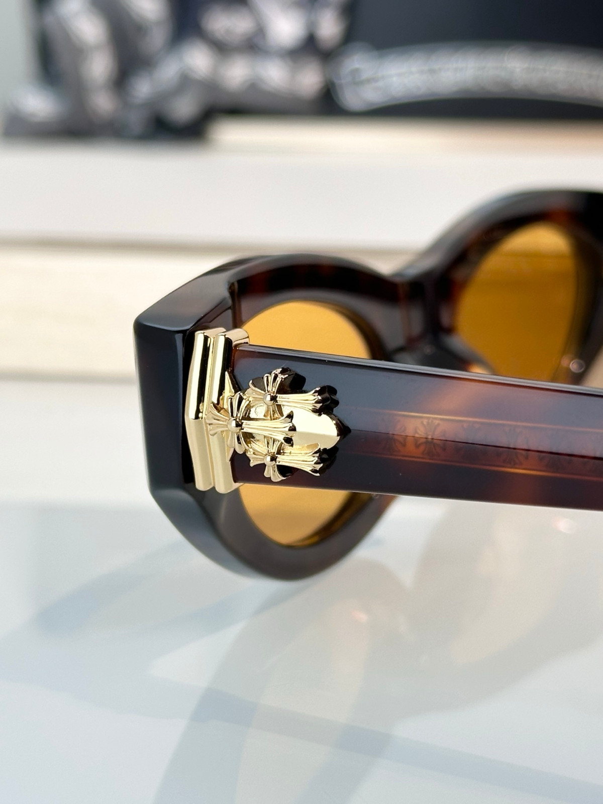 CHrome H Oval Cat Eye Sunglasses Tortoise Amber Lens Gold Hardware