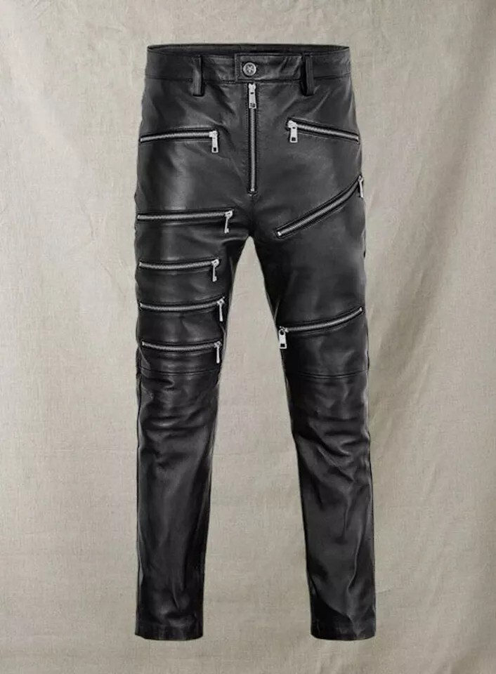 Men’s Black Leather Zipper Biker Pants Real Lambskin Custom Size 28 to 40 – 002