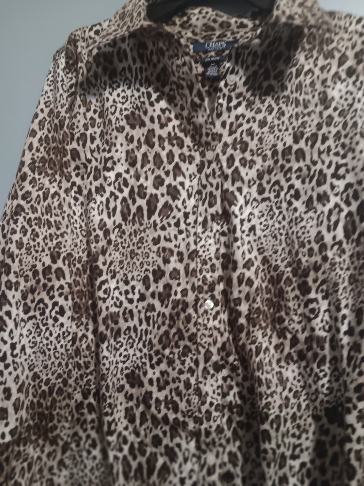 Chaps Non-Iron Brown Leopard Print Collared Long Sleeve Woven Cotton L/G