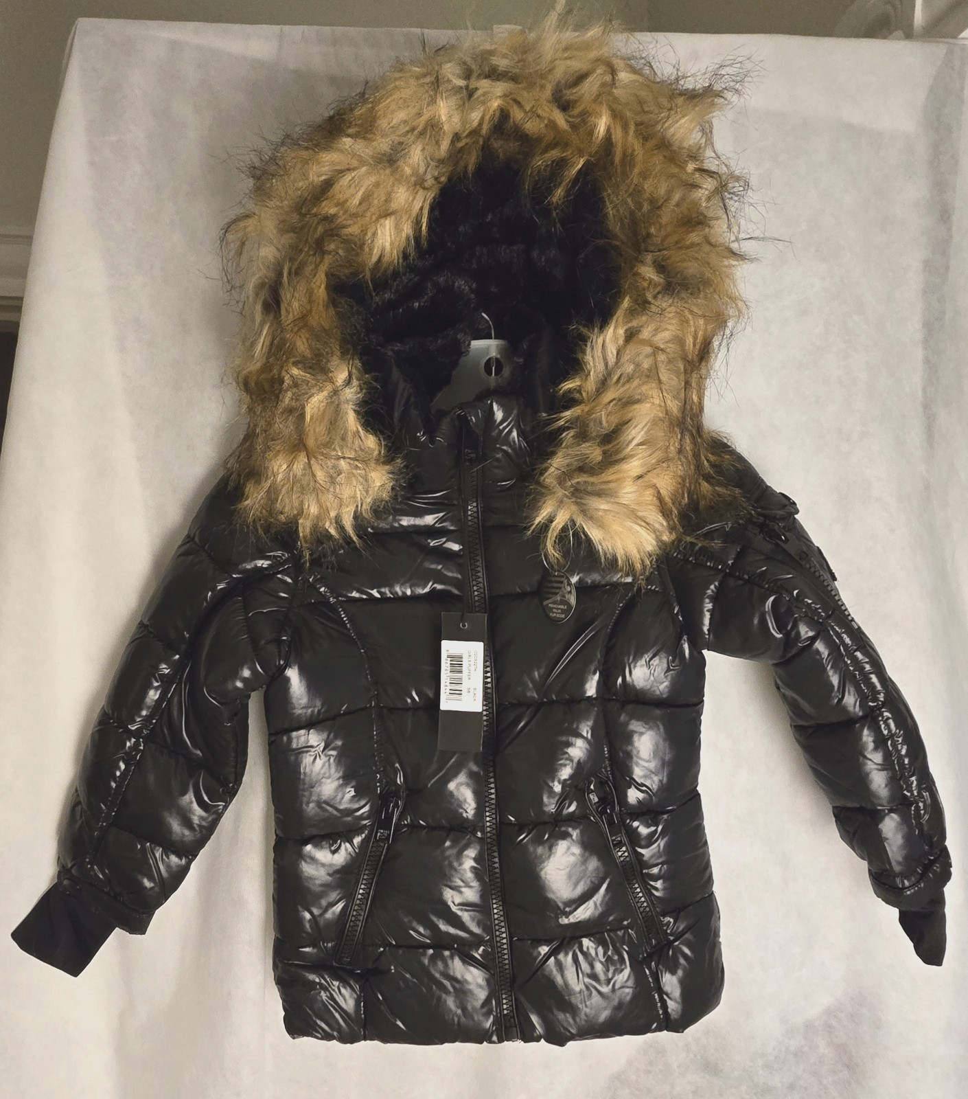 NWT DIESEL FAUX FUR TRIM PUFFER HOODED JACKET BLACK SIZE (5-6)
